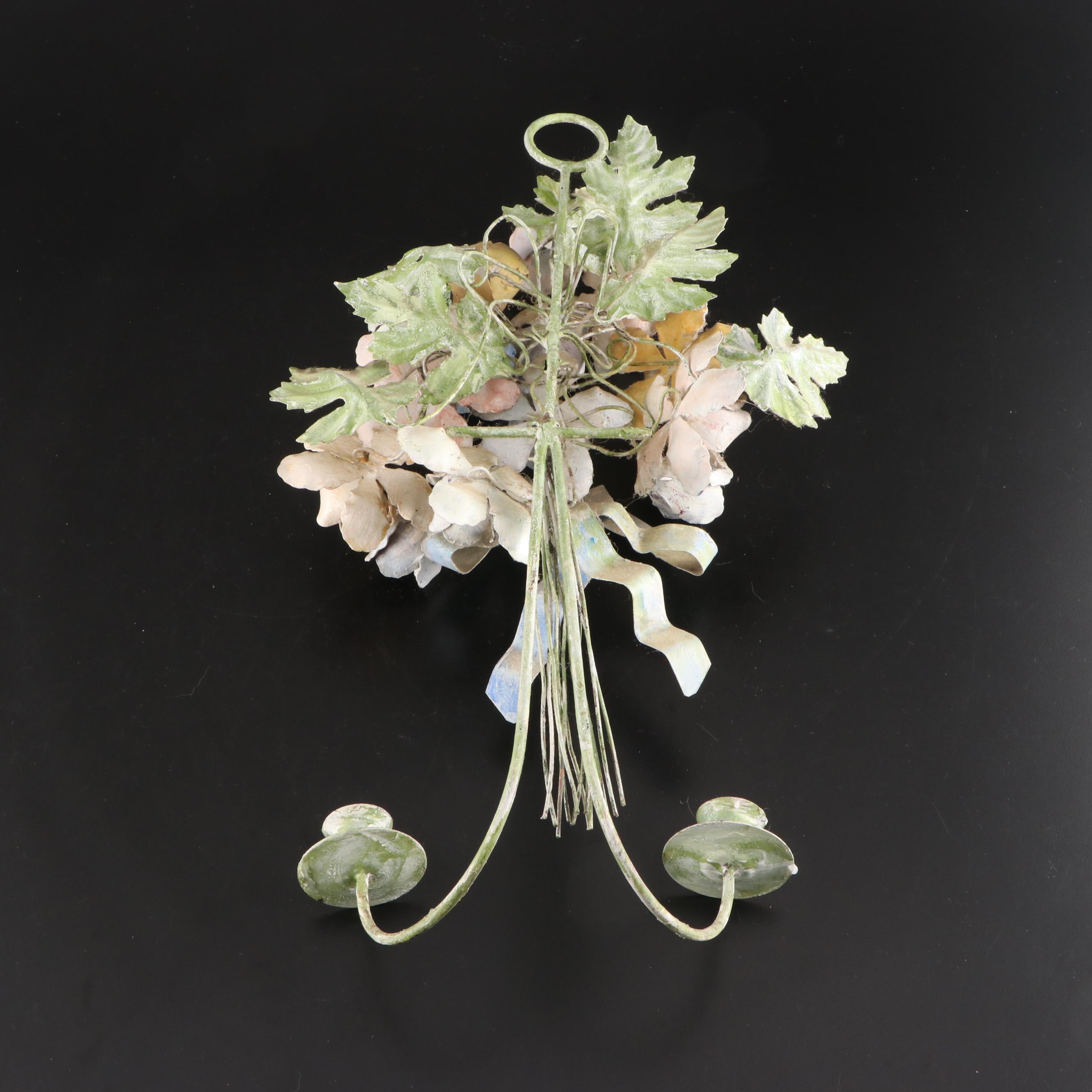 Italian Style Bouquet Topped Toleware Wall Candle Sconces, 20th Century