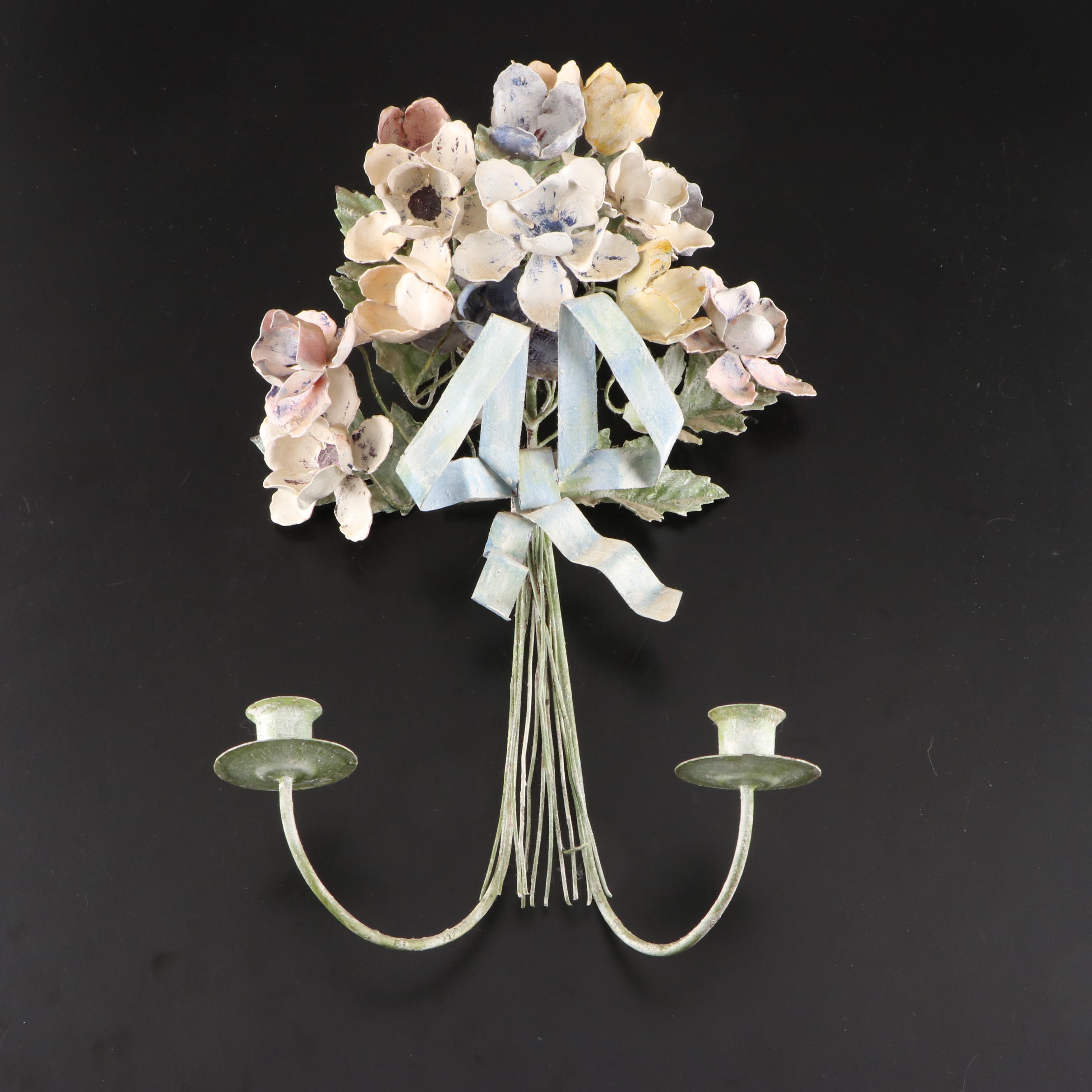 Italian Style Bouquet Topped Toleware Wall Candle Sconces, 20th Century
