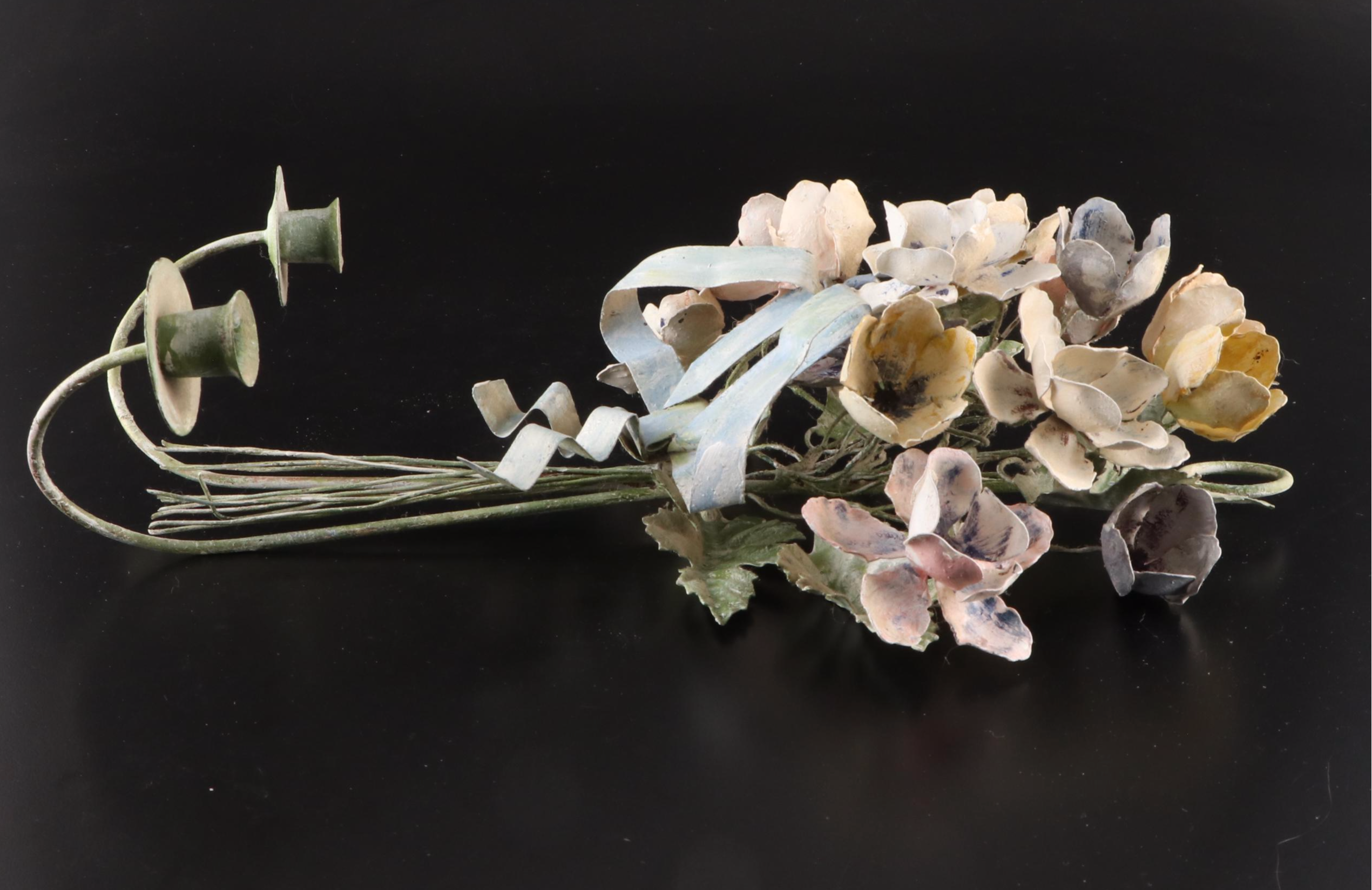 Italian Style Bouquet Topped Toleware Wall Candle Sconces, 20th Century