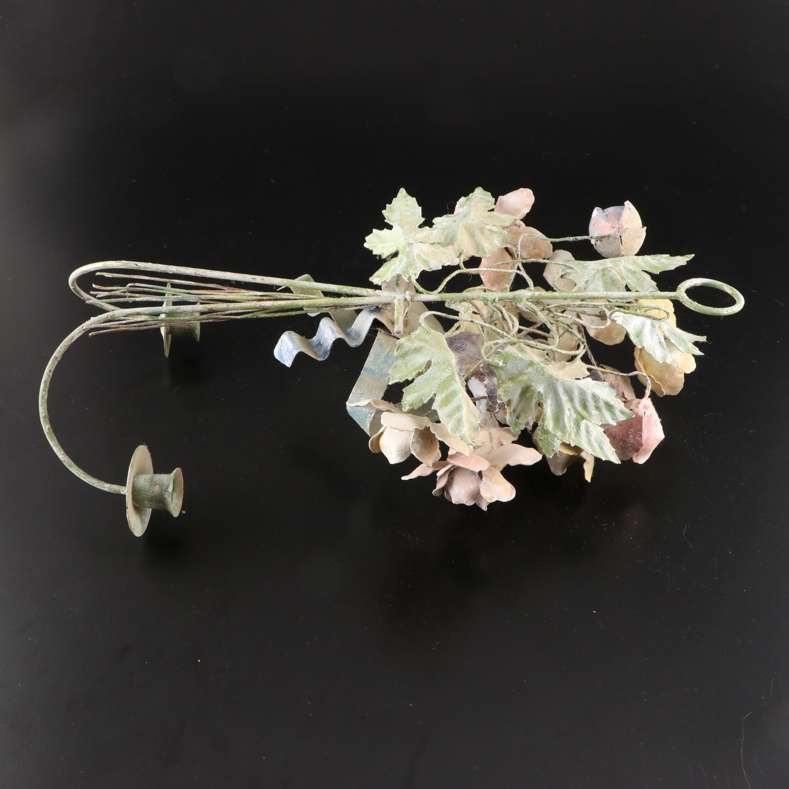 Italian Style Bouquet Topped Toleware Wall Candle Sconces, 20th Century