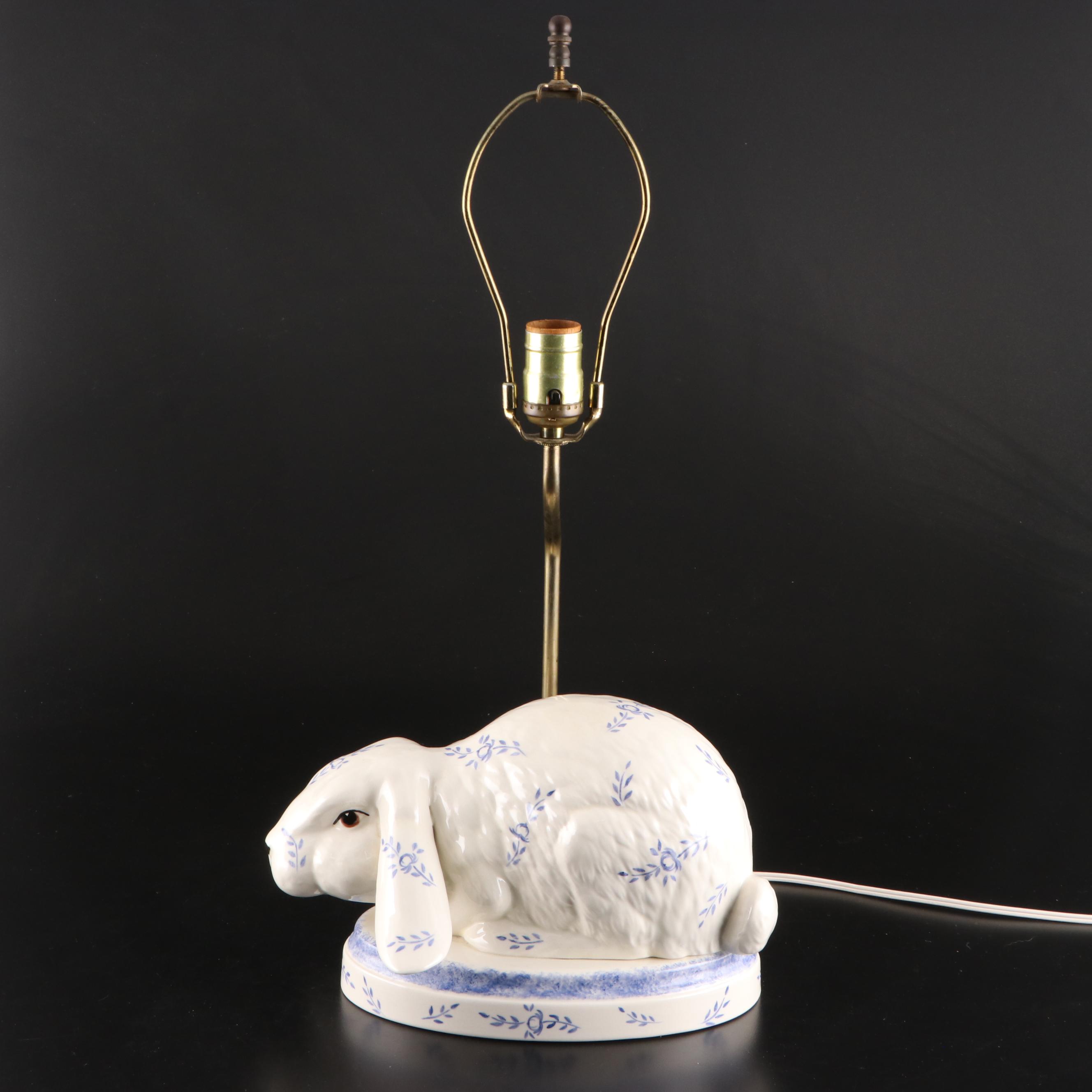 Blue and White Ceramic Rabbit Table Lamp, Late 20th Century