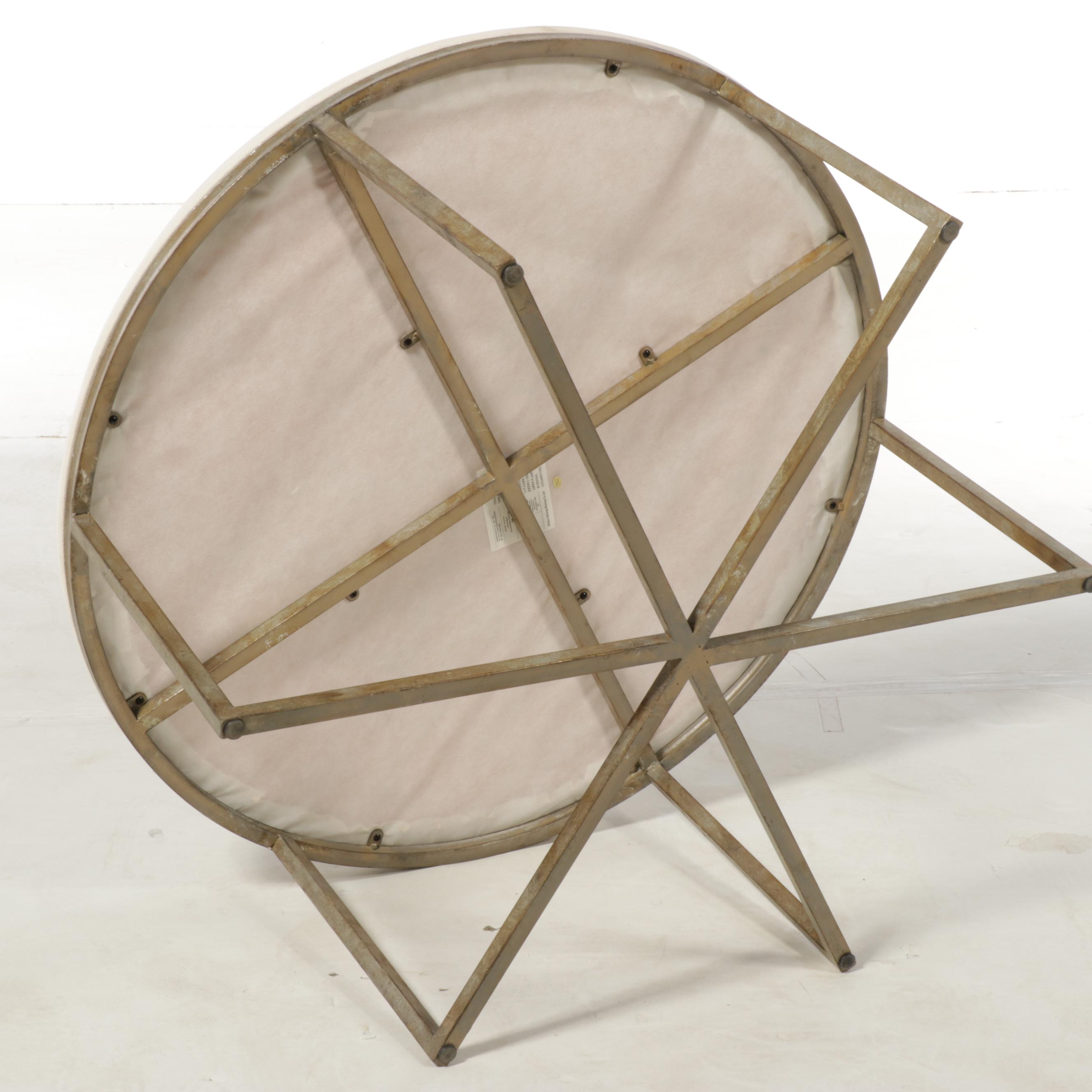 Modernist Style Gilt Metal and Linen Blend Upholstered Cocktail Ottoman