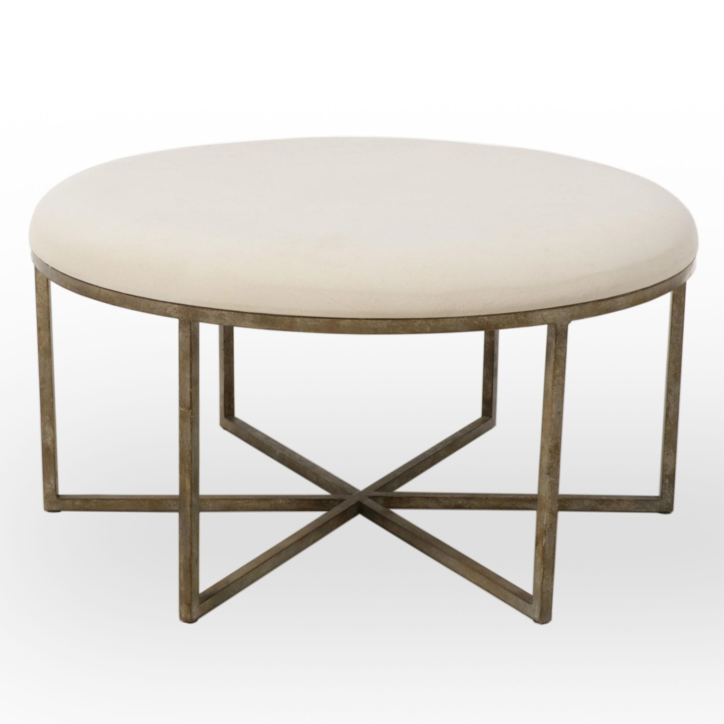 Modernist Style Gilt Metal and Linen Blend Upholstered Cocktail Ottoman