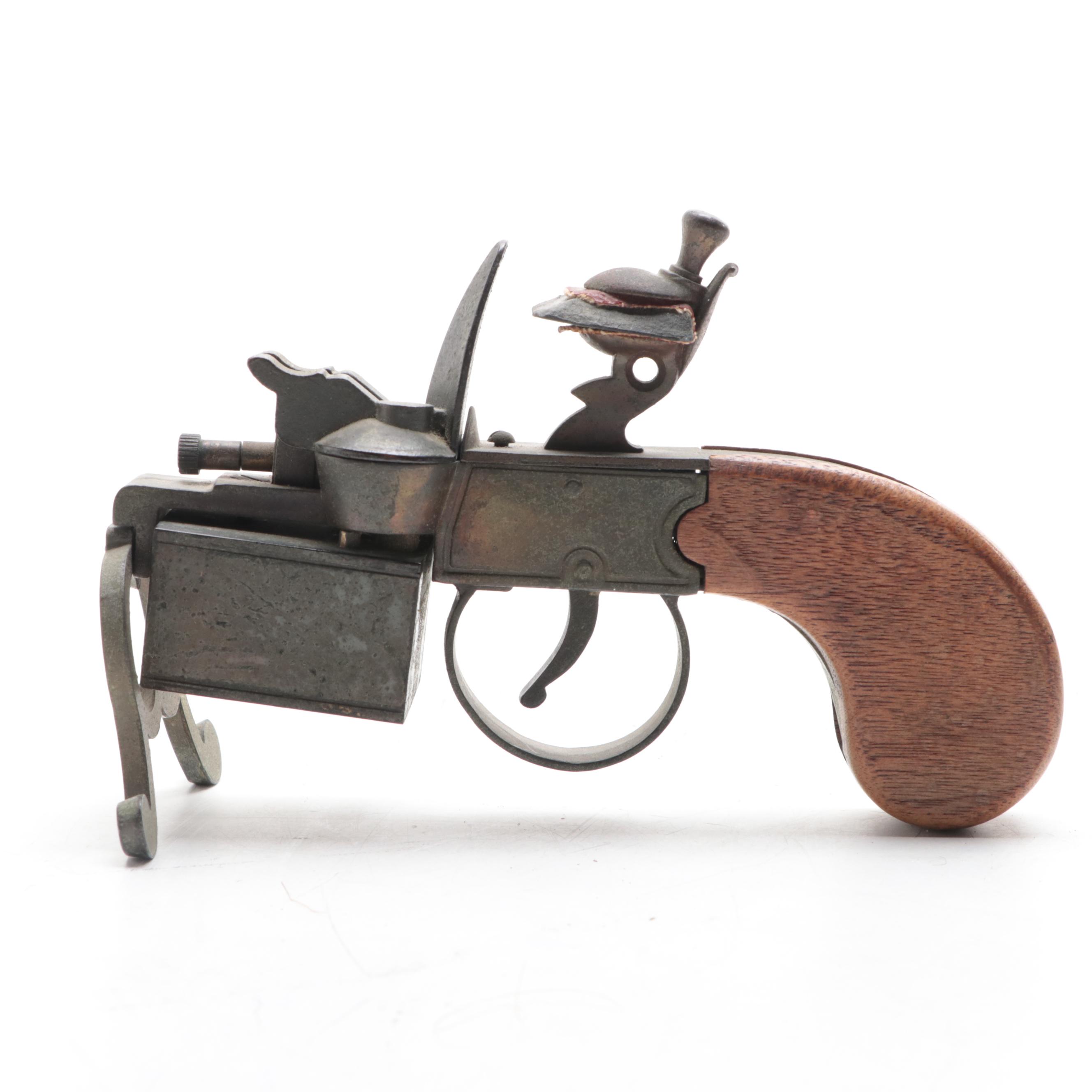 Dunhill Oak and Brass Tinder Pistol Table Lighter, Vintage
