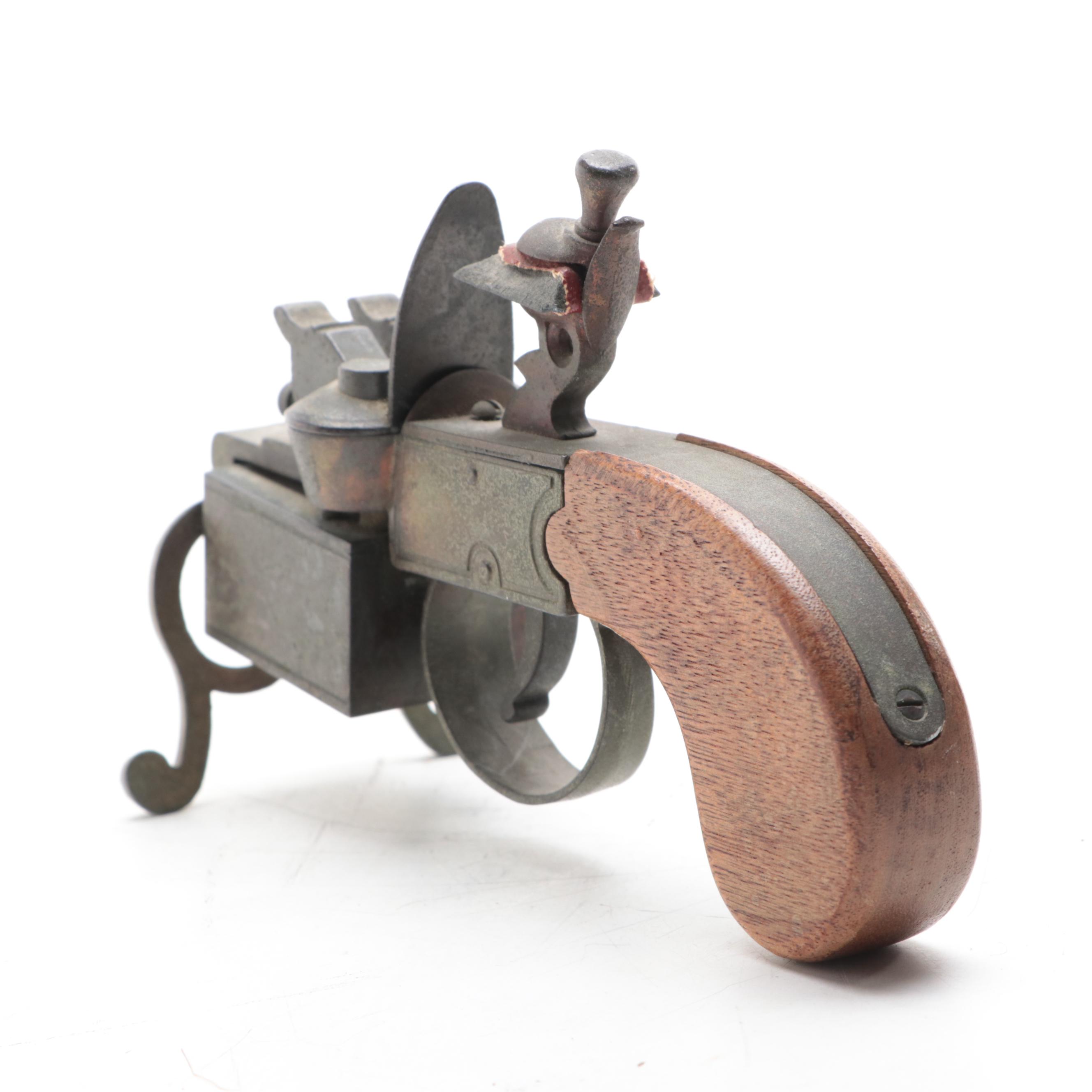 Dunhill Oak and Brass Tinder Pistol Table Lighter, Vintage