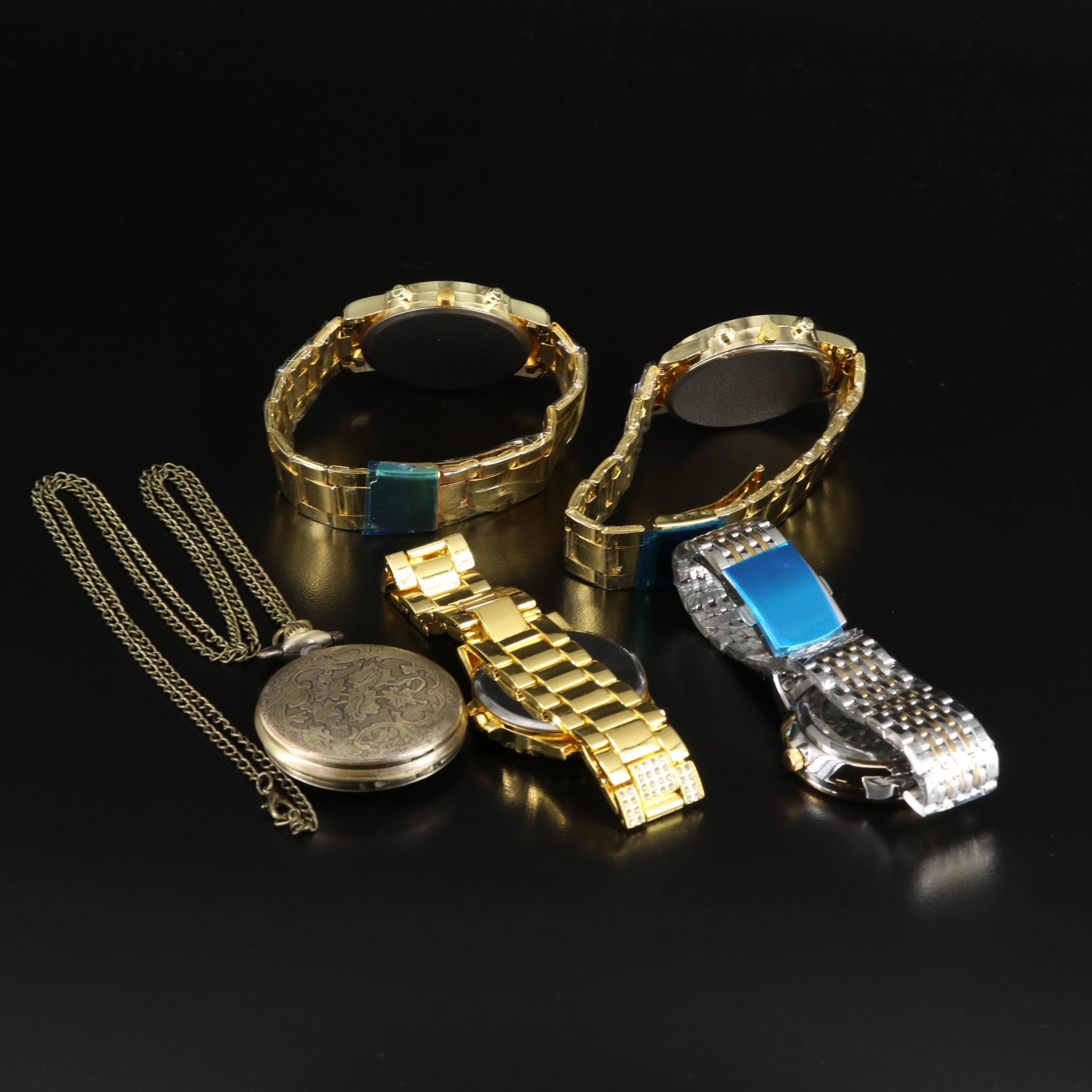 Four Fashion Watches, Pocket Watch and Bracelet Tool