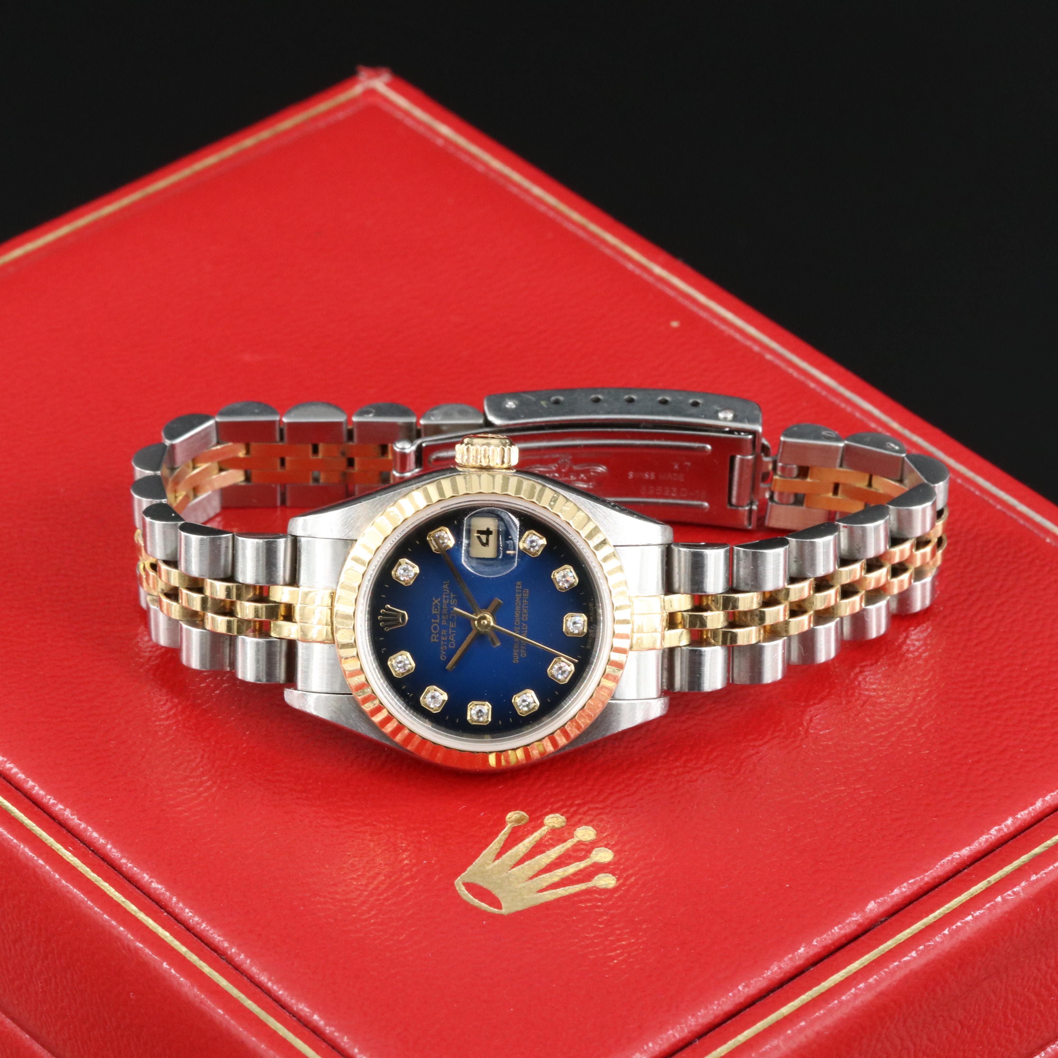 1999 Rolex Factory Diamonds Blue Dial Datejust Watch