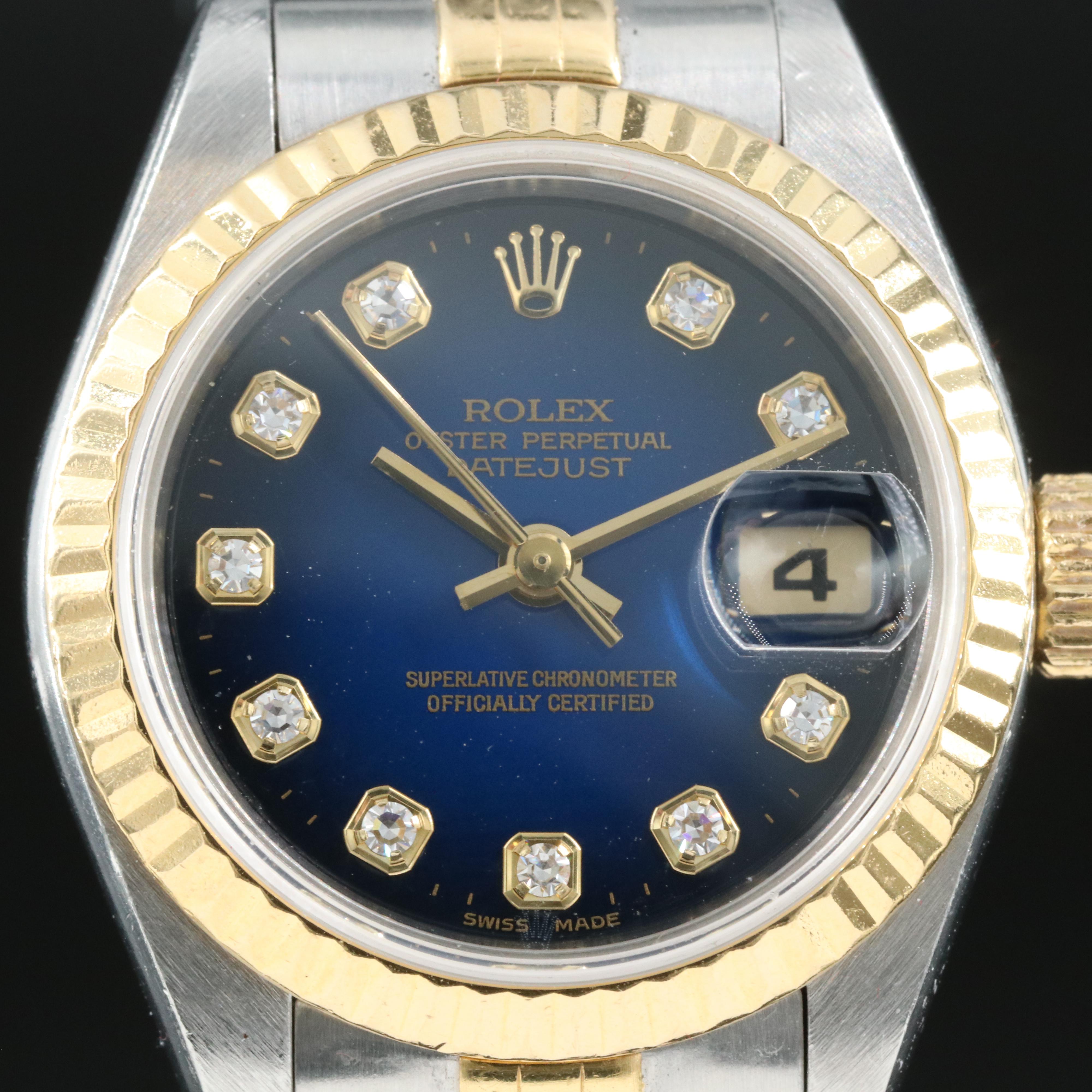 1999 Rolex Factory Diamonds Blue Dial Datejust Watch