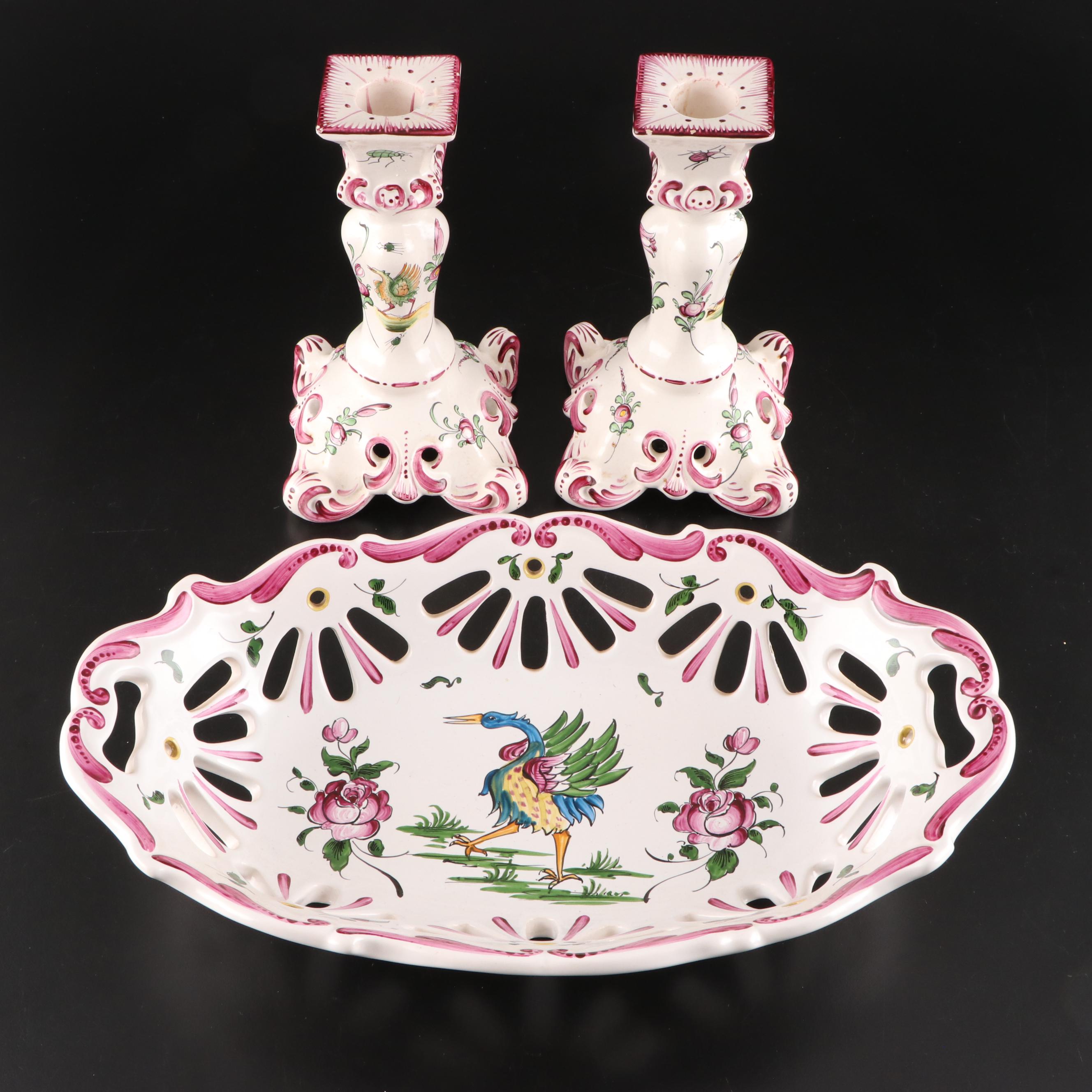 Gruyeres Faience Candlesticks and Centerpiece Bowl