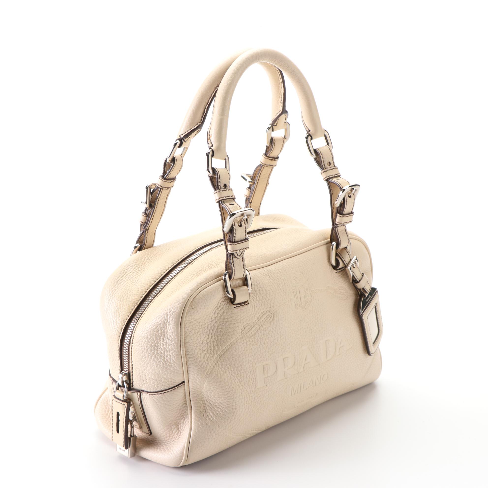 Prada Logo Boston Bag BR3091 in Off-White Vitello Daino Leather