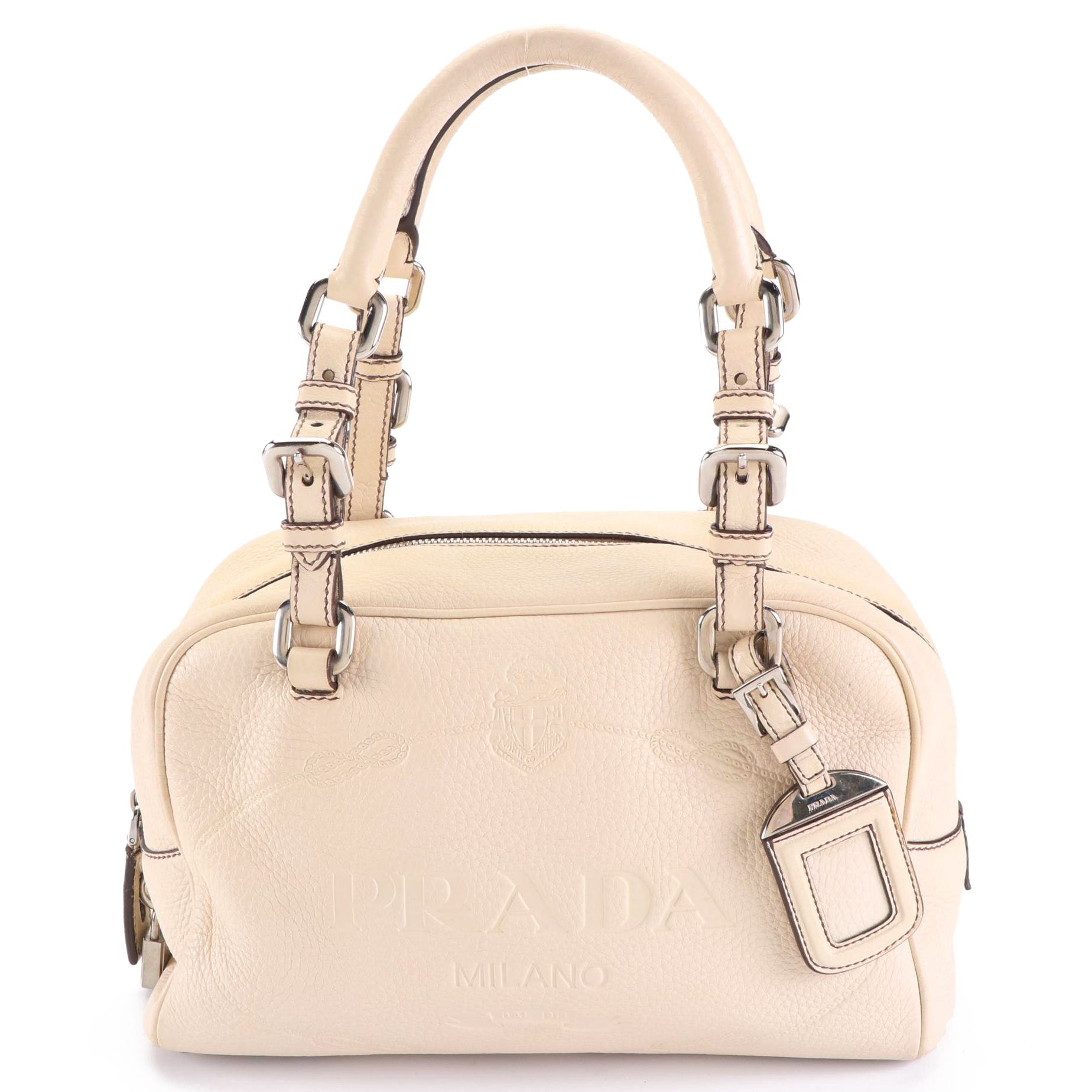 Prada Logo Boston Bag BR3091 in Off-White Vitello Daino Leather