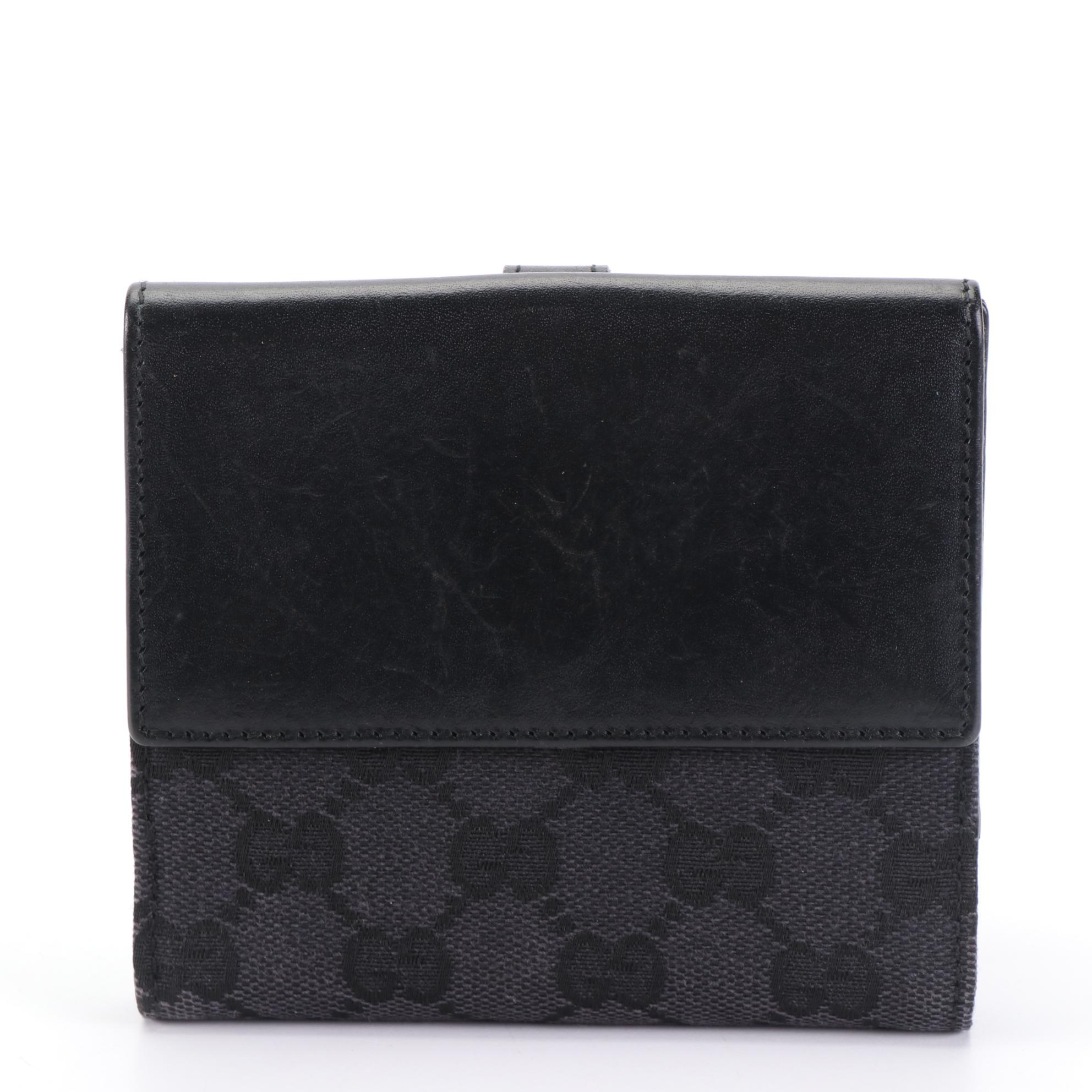 Gucci Piston Lock Bifold Wallet in Black GG Canvas and Leather Trim