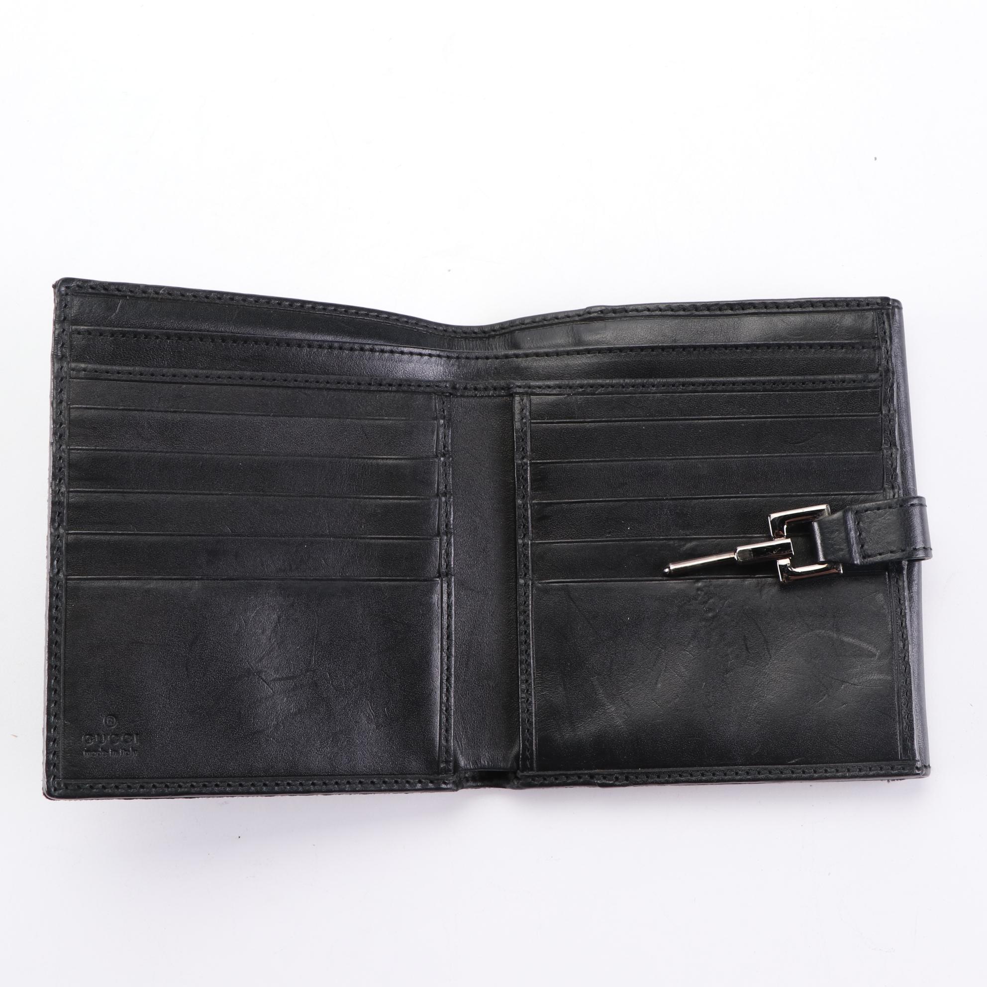 Gucci Piston Lock Bifold Wallet in Black GG Canvas and Leather Trim
