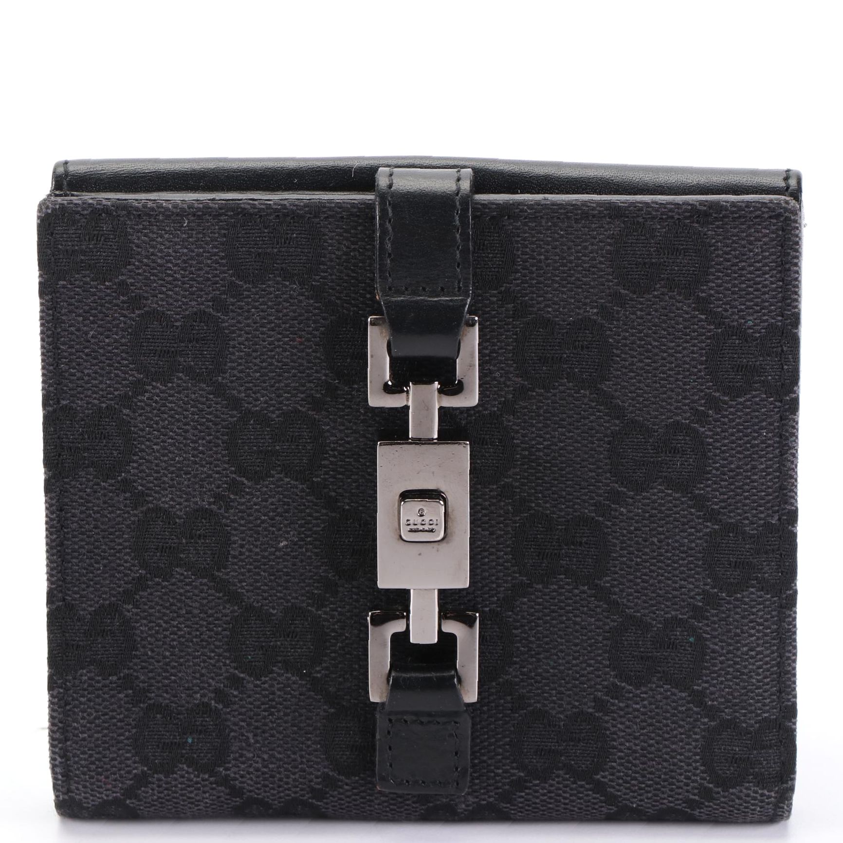 Gucci Piston Lock Bifold Wallet in Black GG Canvas and Leather Trim