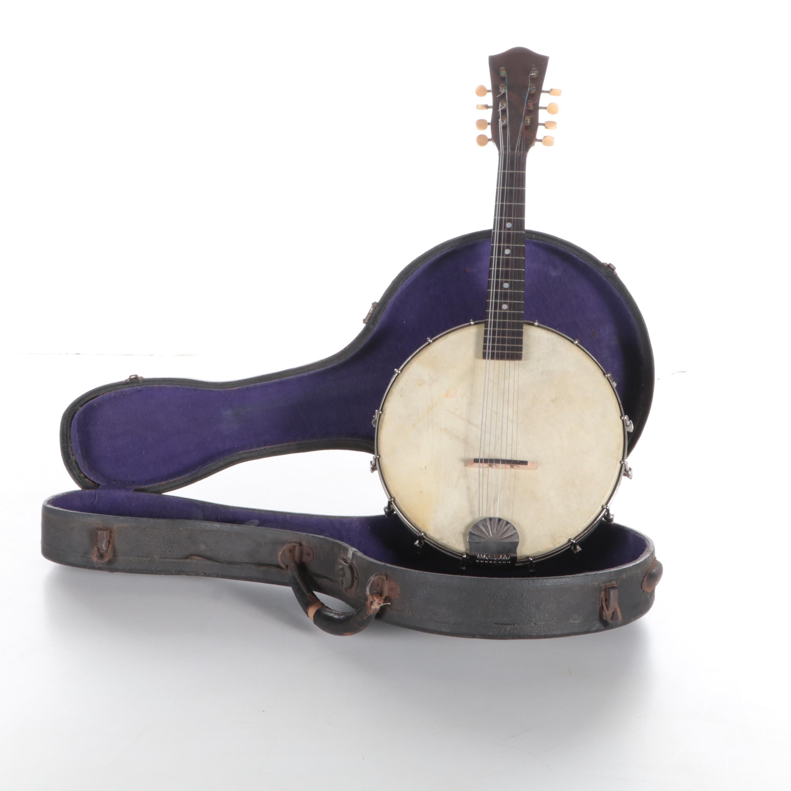 Wooden and Mother-of-Pearl Inlaid Junior Mandolin Banjo with Case