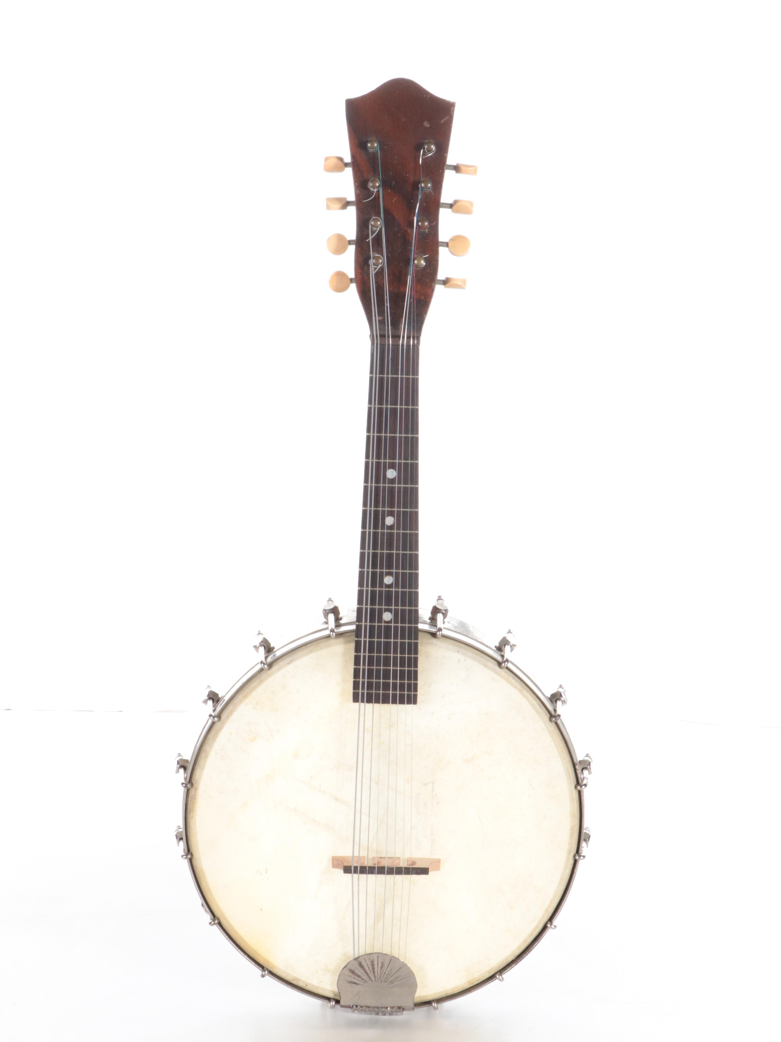 Wooden and Mother-of-Pearl Inlaid Junior Mandolin Banjo with Case