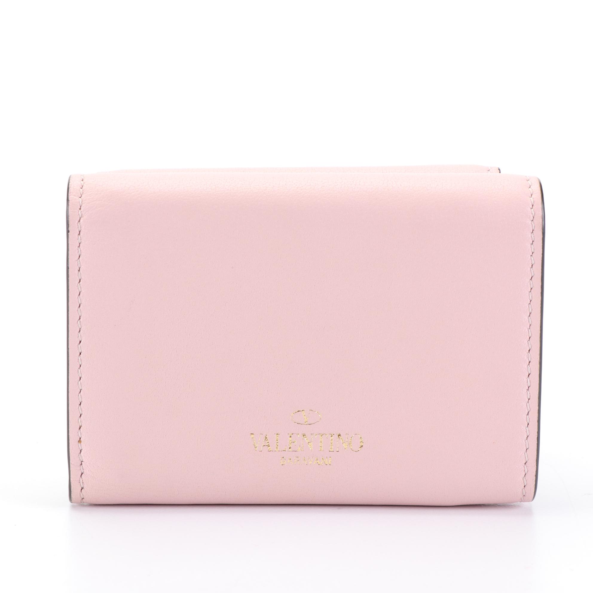 Valentino Rockstud Compact Trifold Wallet in Light Pink Leather with Box