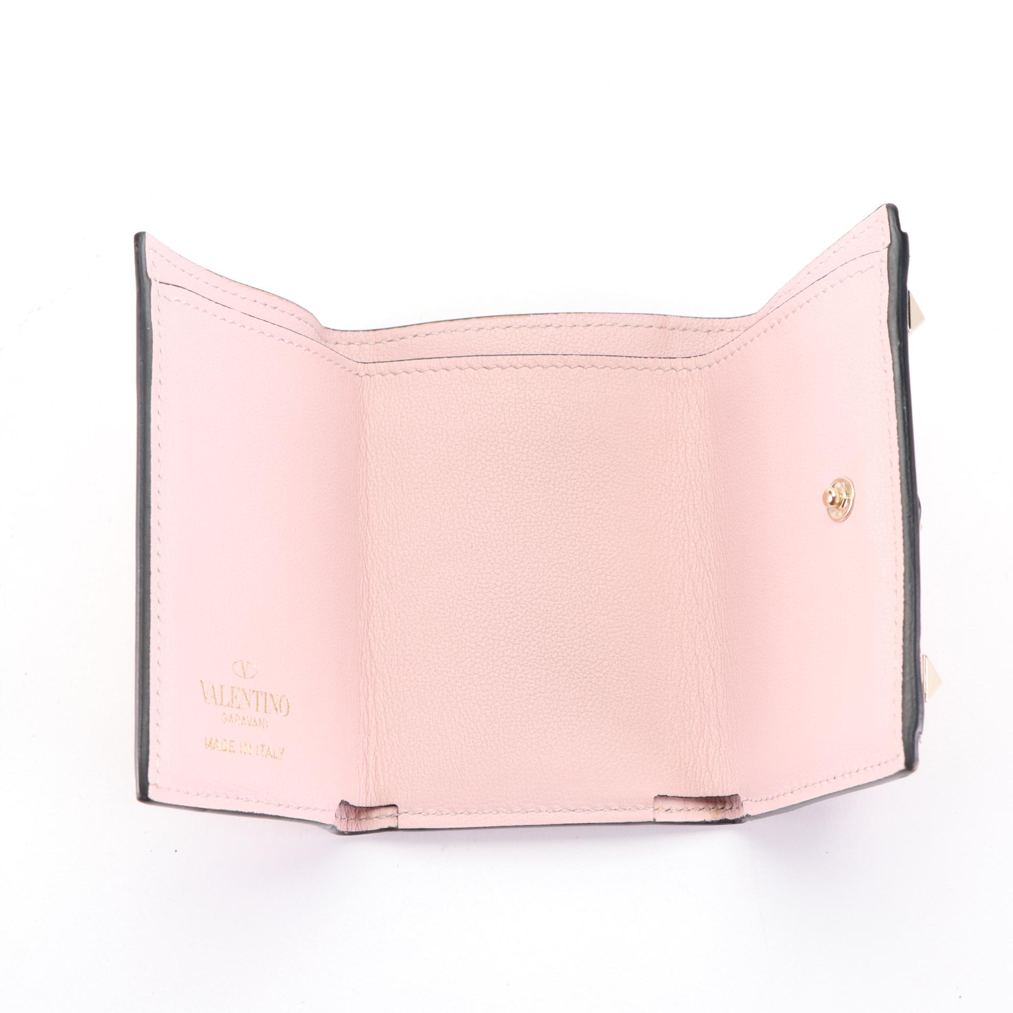 Valentino Rockstud Compact Trifold Wallet in Light Pink Leather with Box
