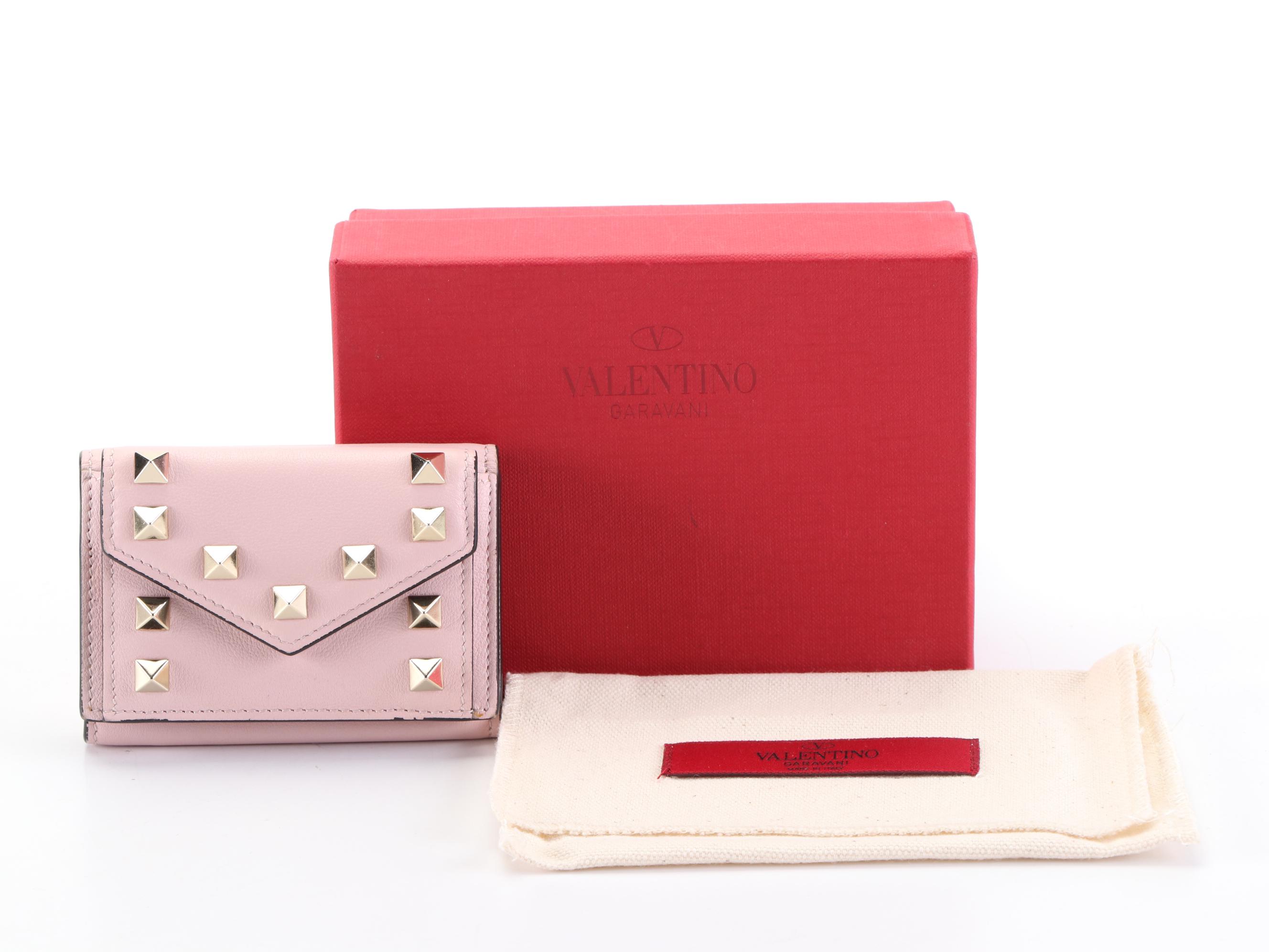 Valentino Rockstud Compact Trifold Wallet in Light Pink Leather with Box