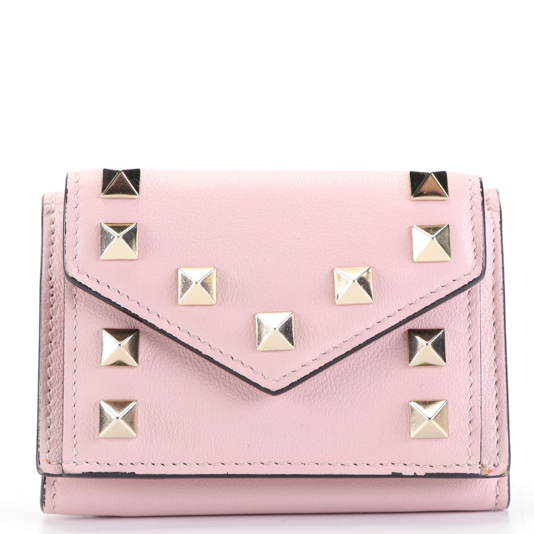 Valentino Rockstud Compact Trifold Wallet in Light Pink Leather with Box