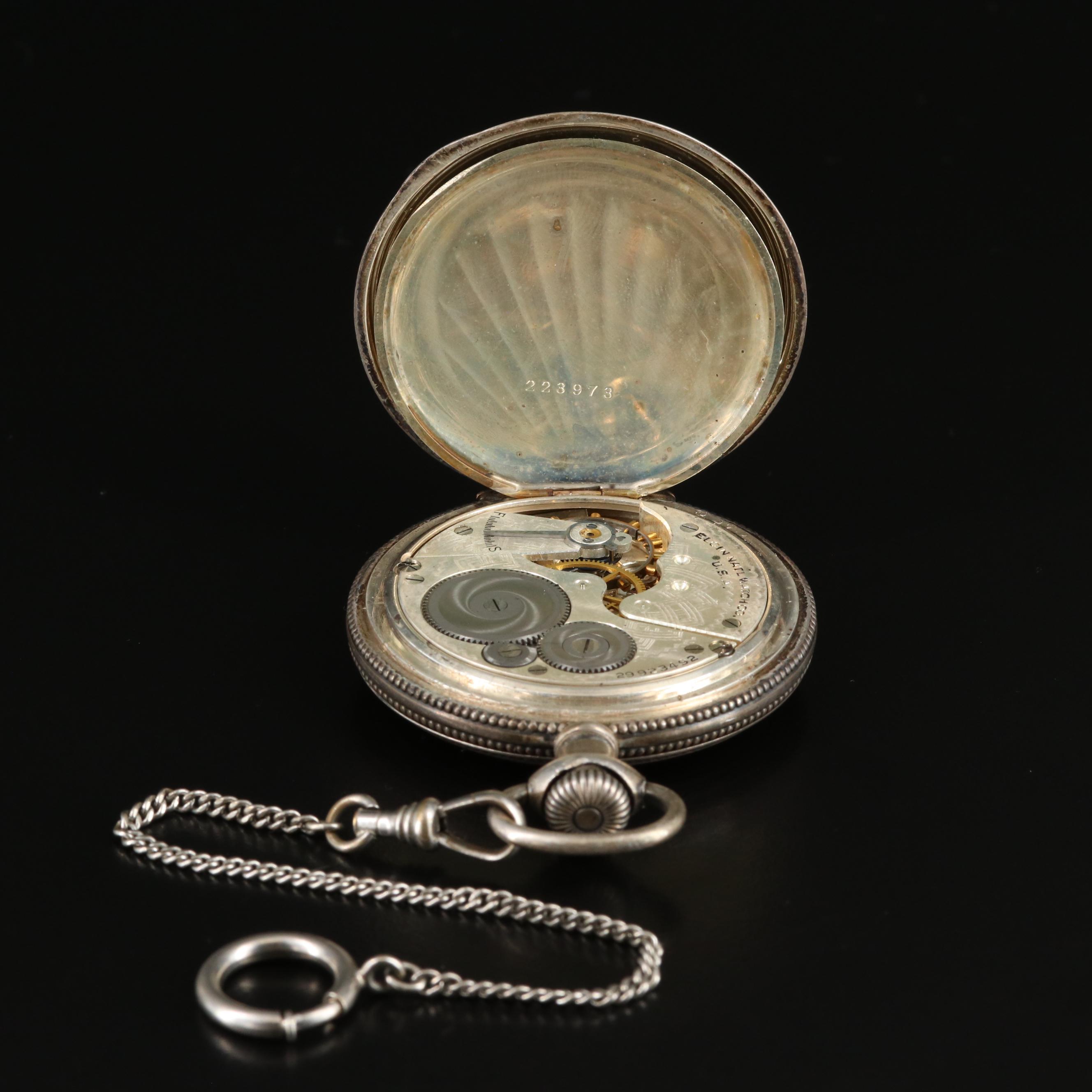 1927 Elgin Sterling Silver Ornate Hunting Case Pocket Watch