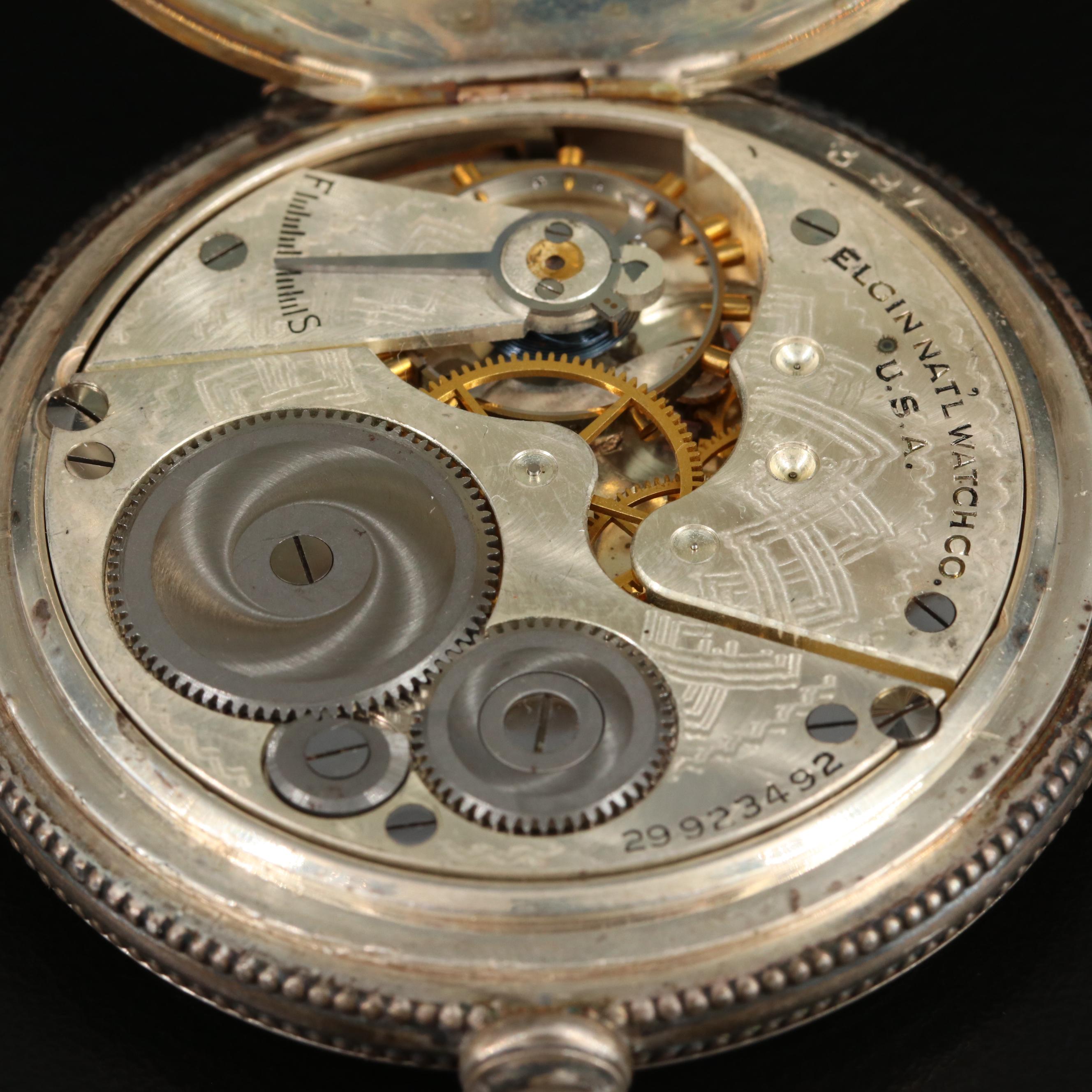 1927 Elgin Sterling Silver Ornate Hunting Case Pocket Watch