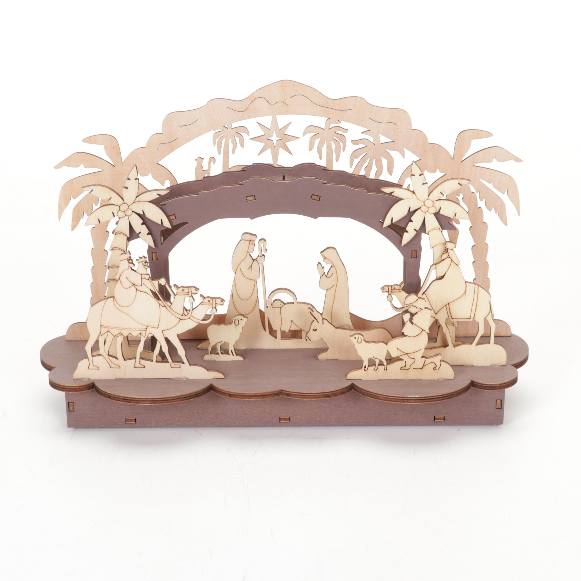 Wood Cut-Out Illuminated Nativity and Collection of Hallmark Angel Ornaments