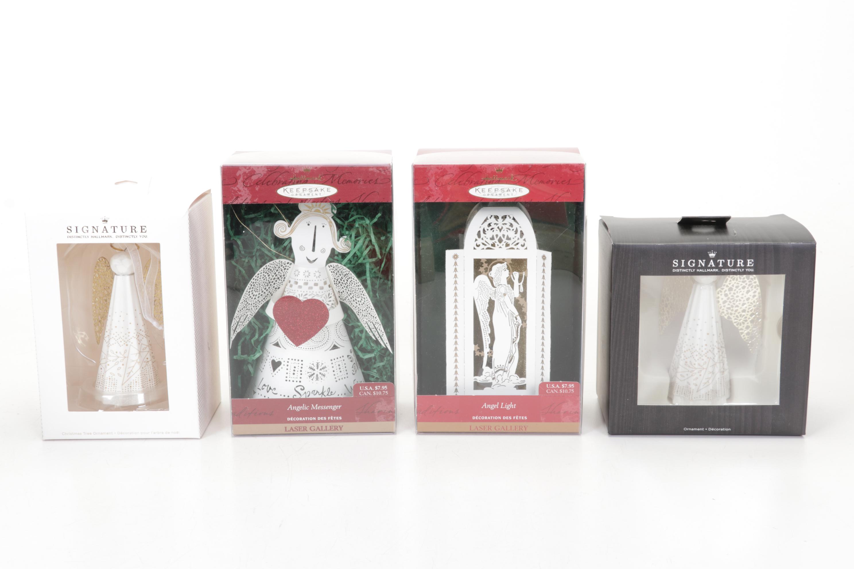 Wood Cut-Out Illuminated Nativity and Collection of Hallmark Angel Ornaments