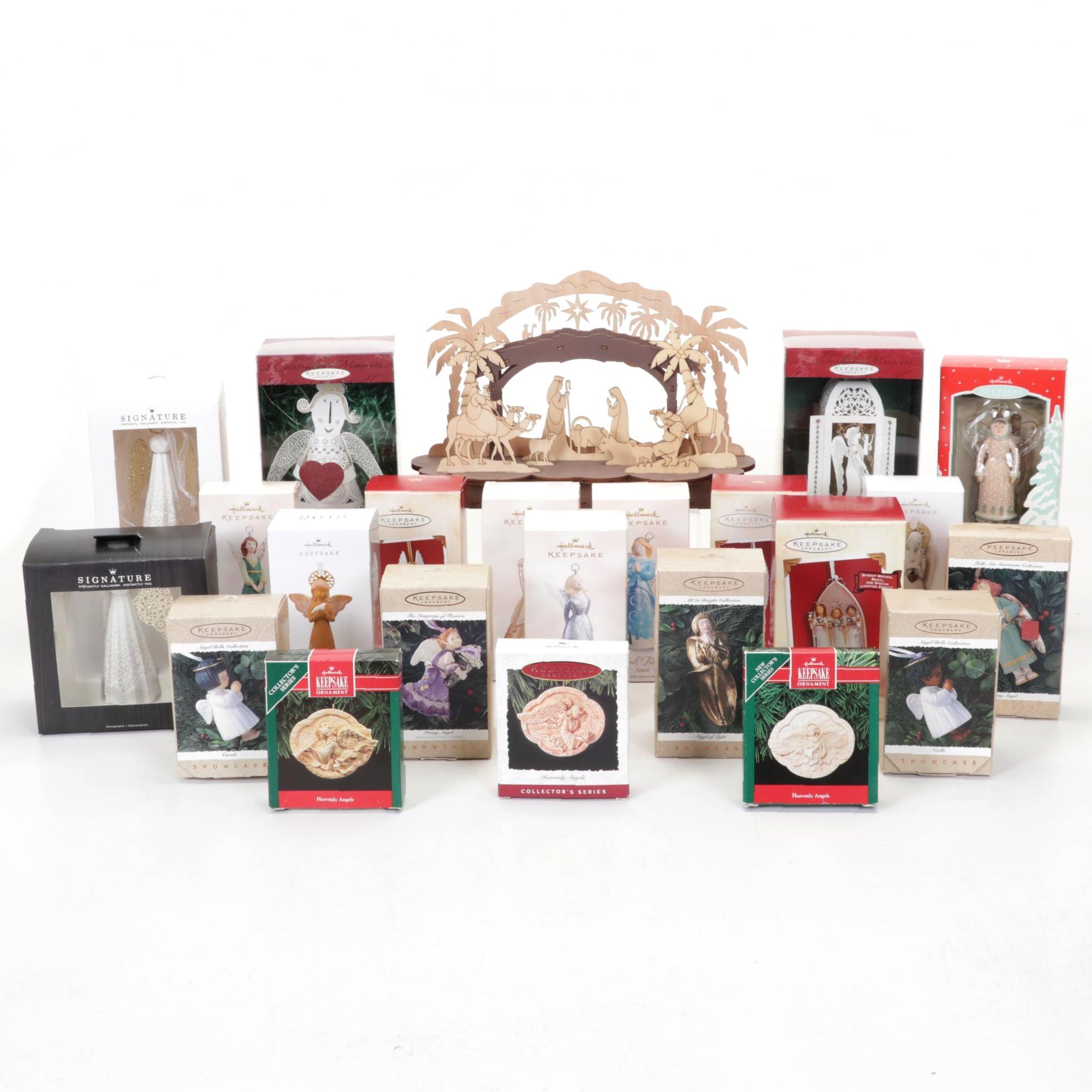 Wood Cut-Out Illuminated Nativity and Collection of Hallmark Angel Ornaments