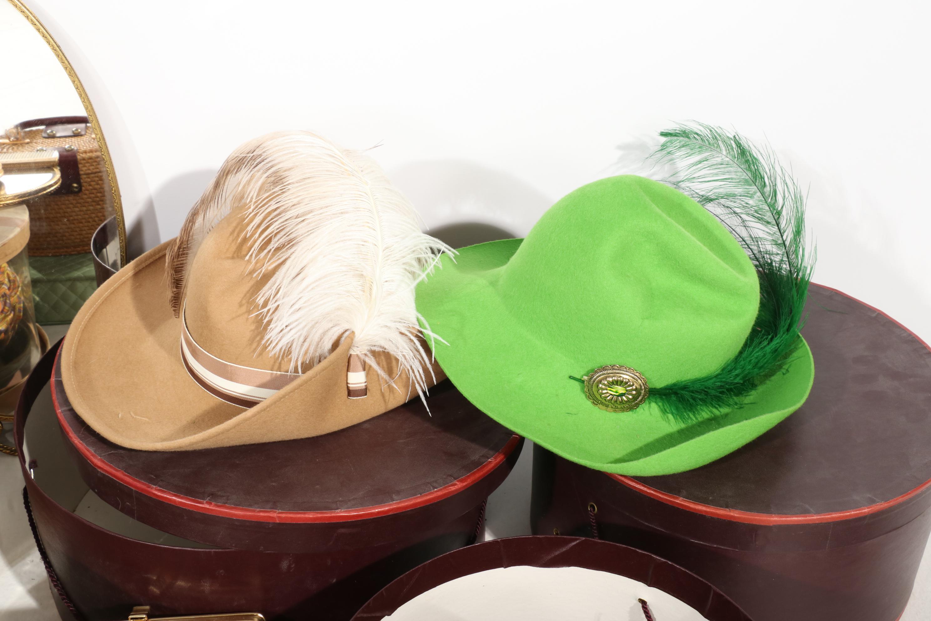 Vintage Purses Including Zardozi Embroidery, Hats, Hat Boxes, and More