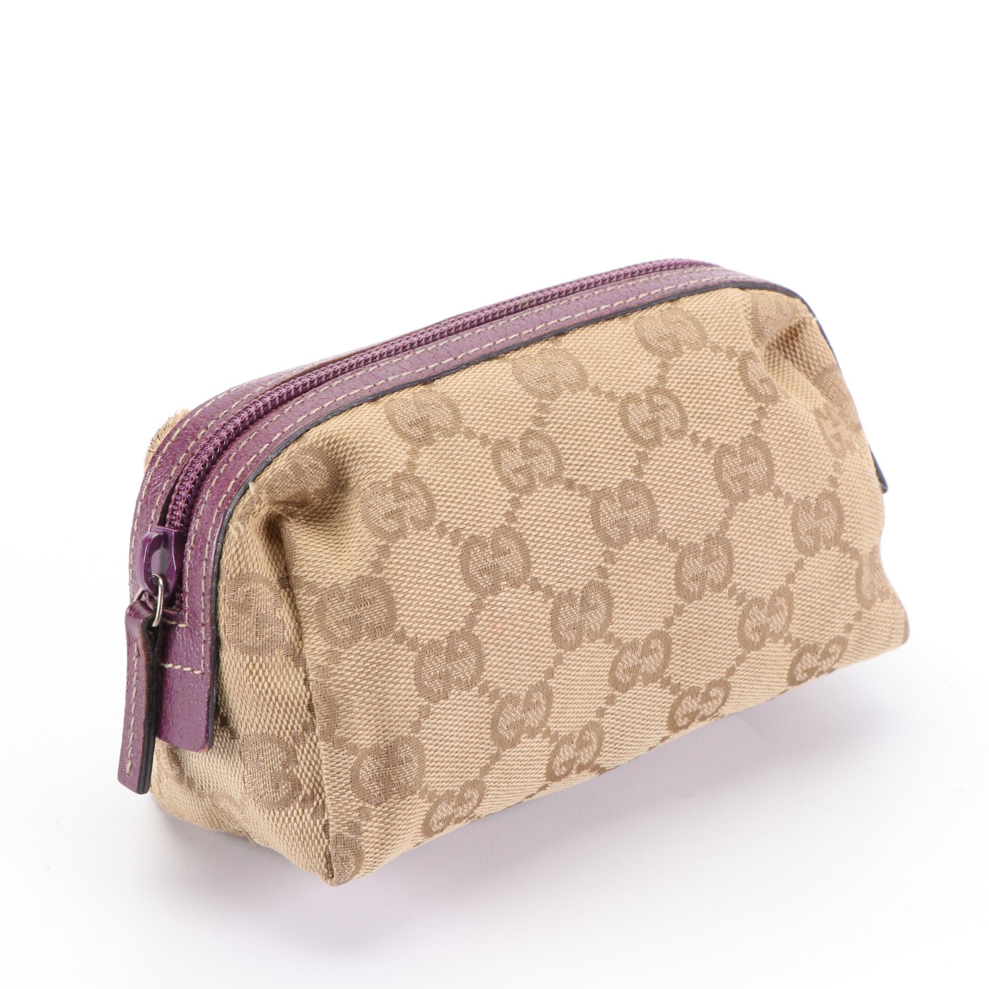 Gucci Cosmetic Bag in GG Canvas with Purple Leather Trim