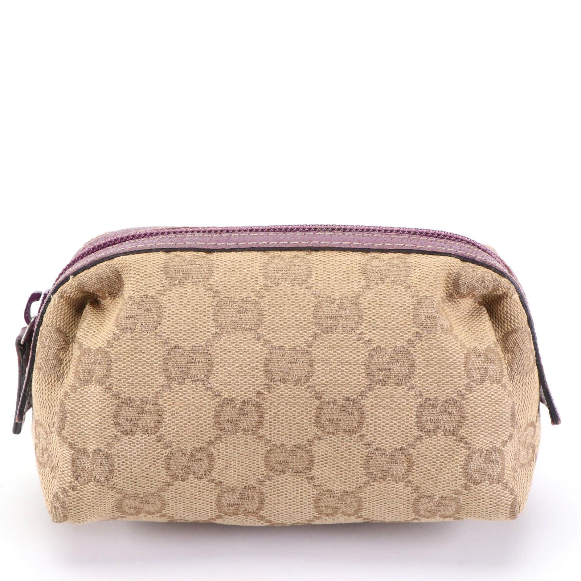 Gucci Cosmetic Bag in GG Canvas with Purple Leather Trim