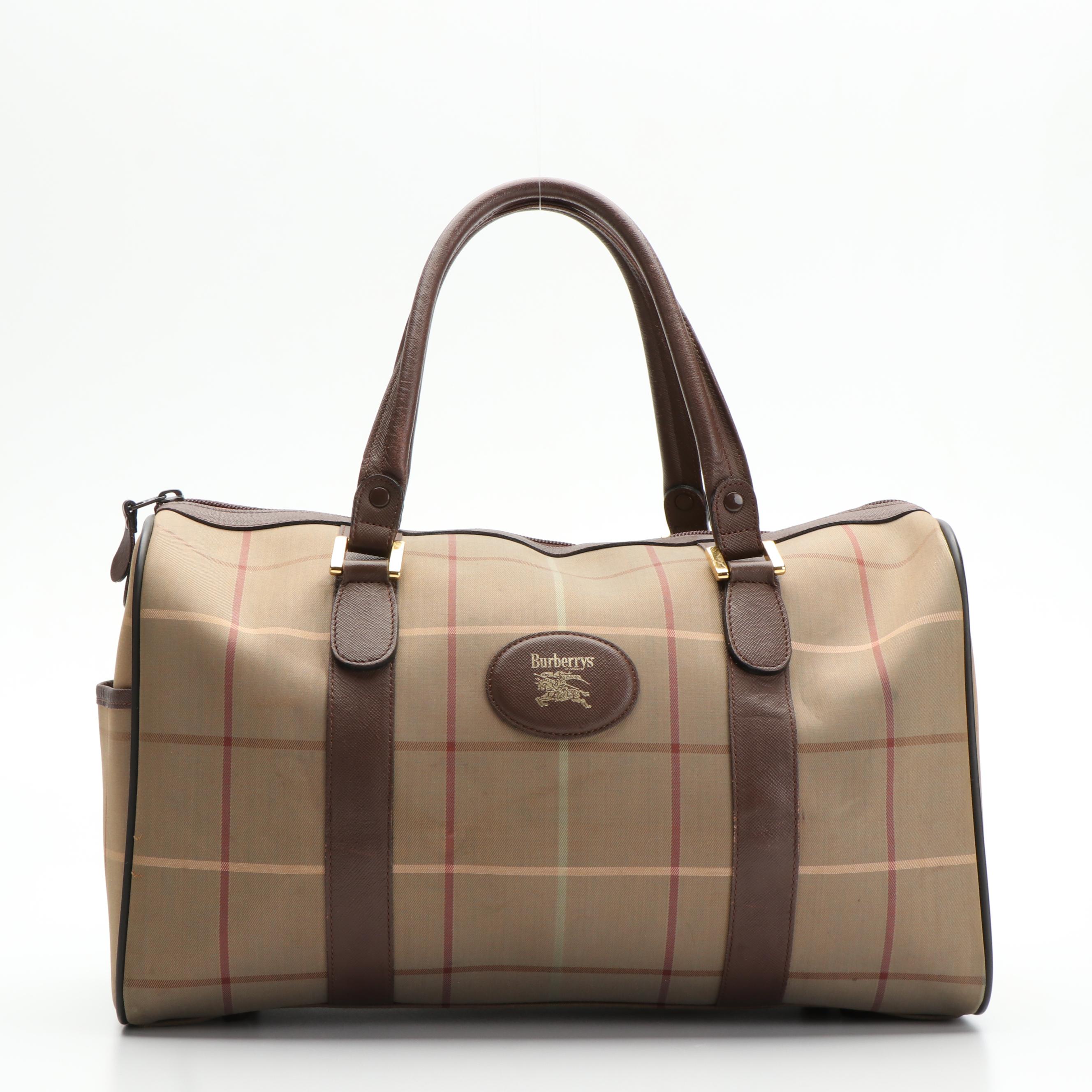 Burberry Boston Bag in Brown Leather and Plaid Canvas