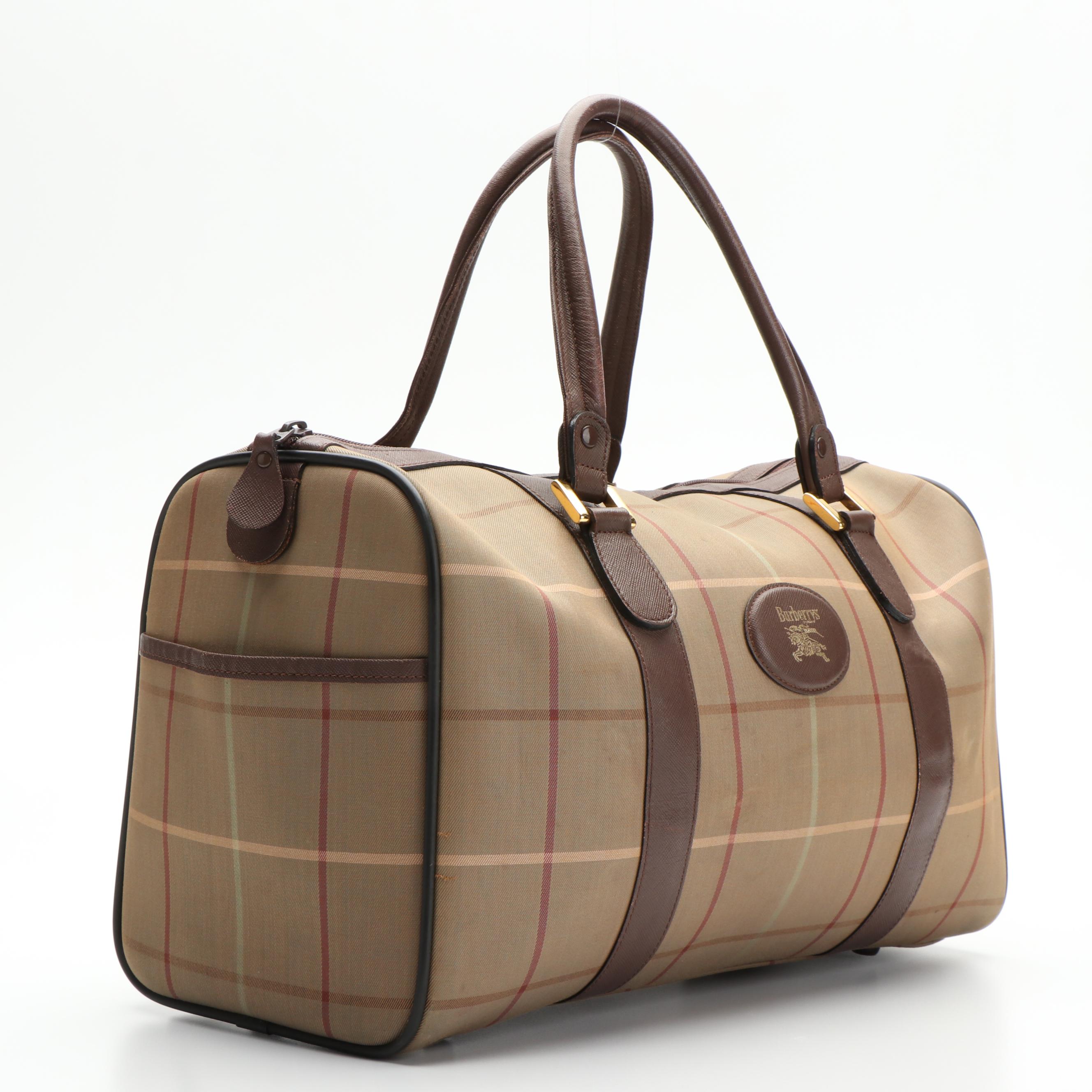 Burberry Boston Bag in Brown Leather and Plaid Canvas