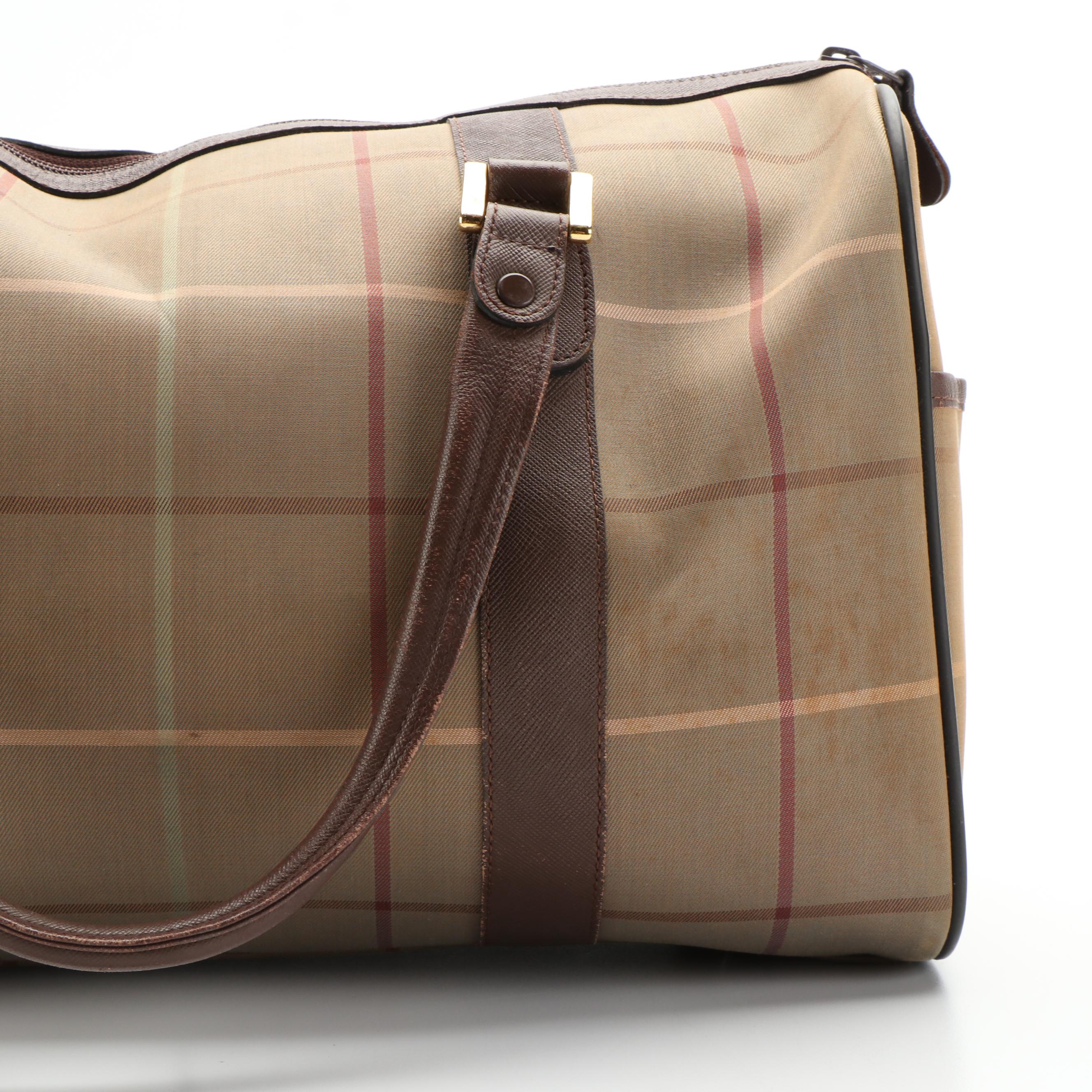 Burberry Boston Bag in Brown Leather and Plaid Canvas