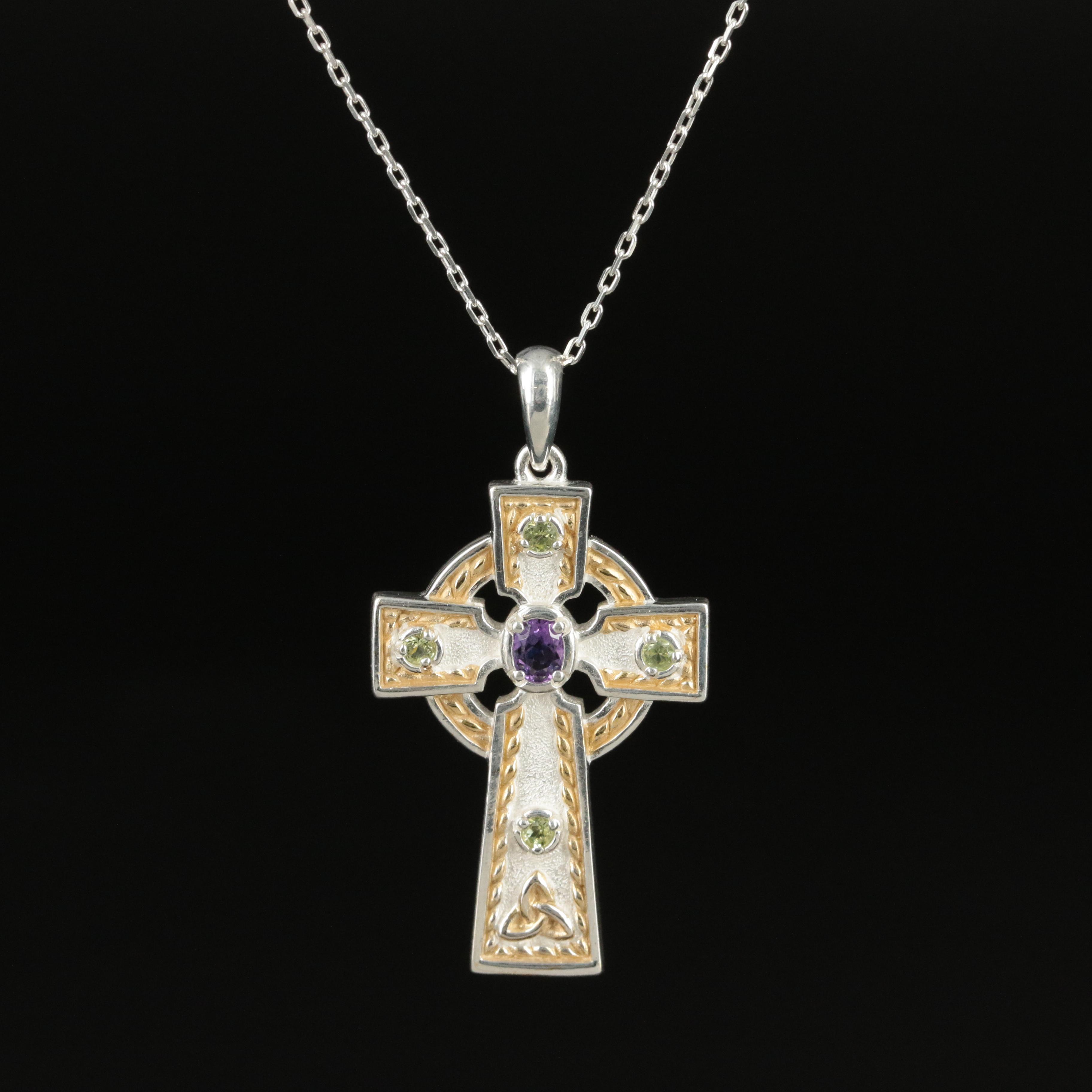 Irish Sterling Amethyst and Peridot Cross Necklace with Enamel Background