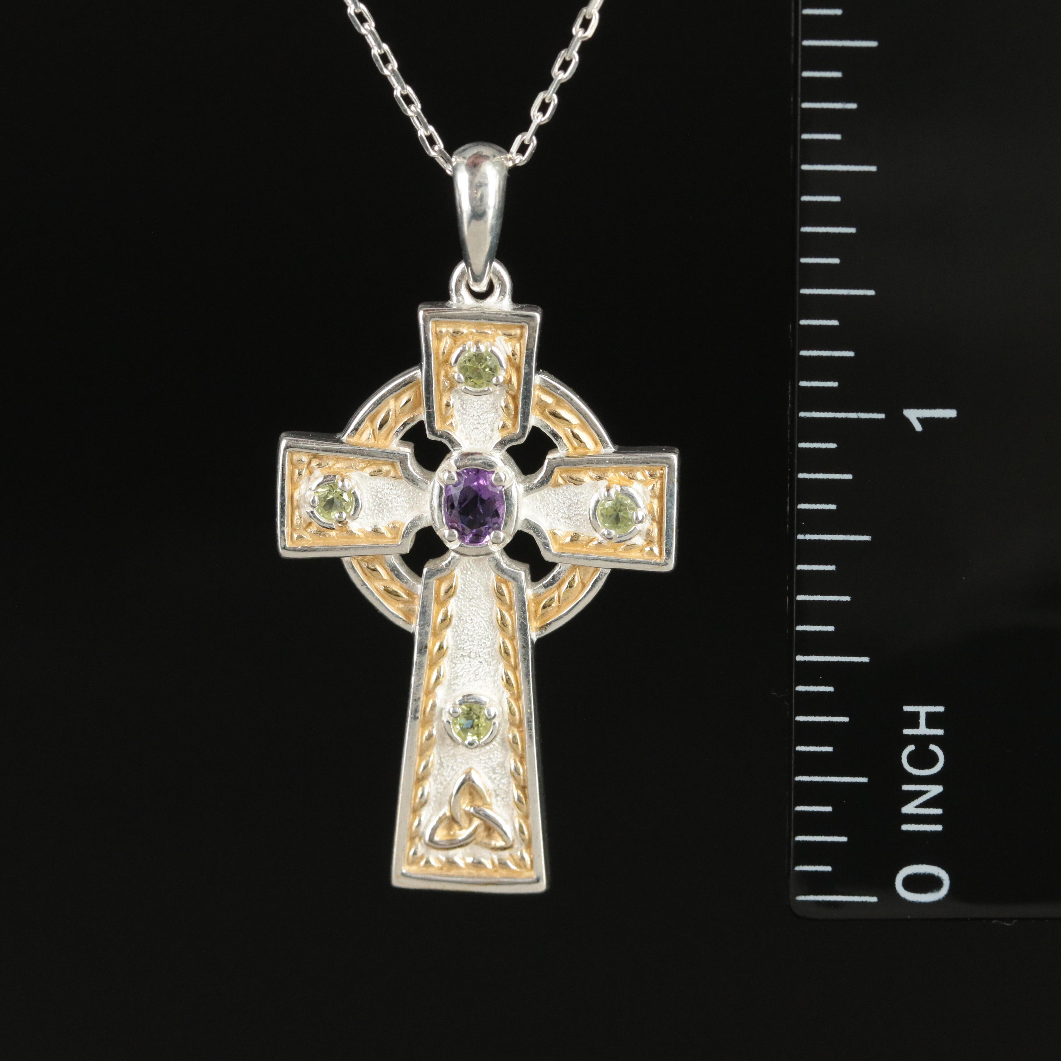 Irish Sterling Amethyst and Peridot Cross Necklace with Enamel Background