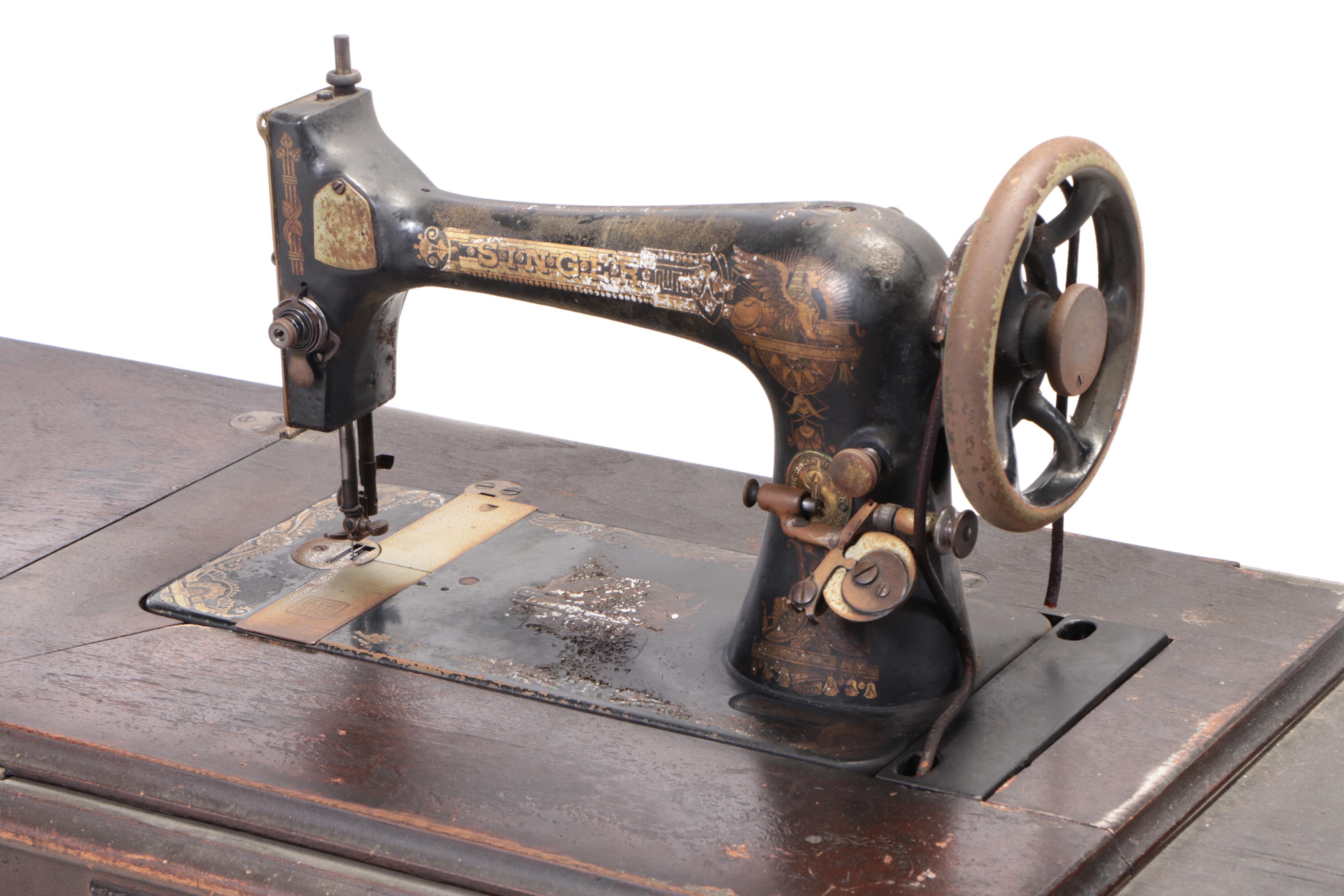 Singer Treadle-Base Iron and Oak Sewing Machine and Cabinet, Early 20th C