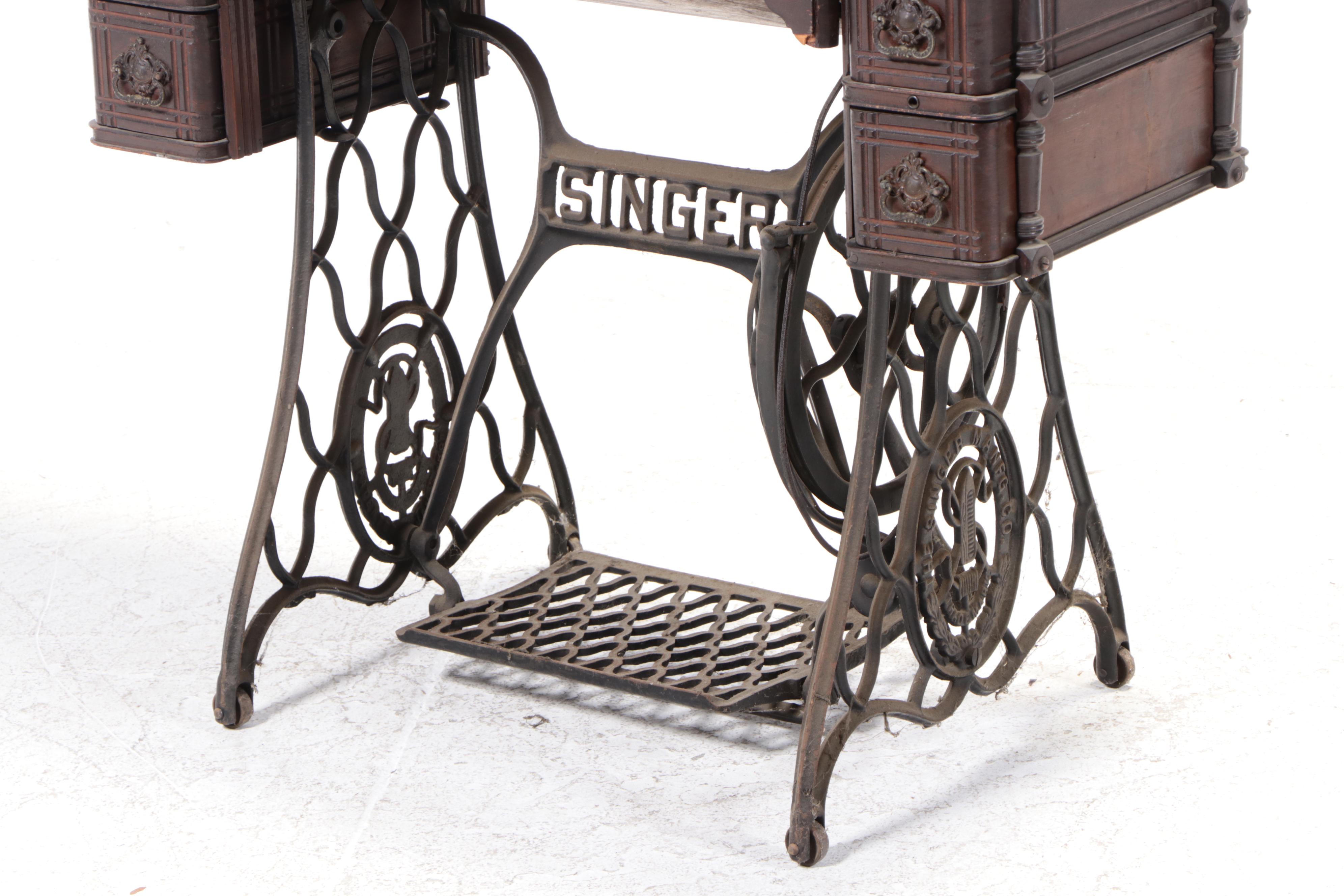 Singer Treadle-Base Iron and Oak Sewing Machine and Cabinet, Early 20th C