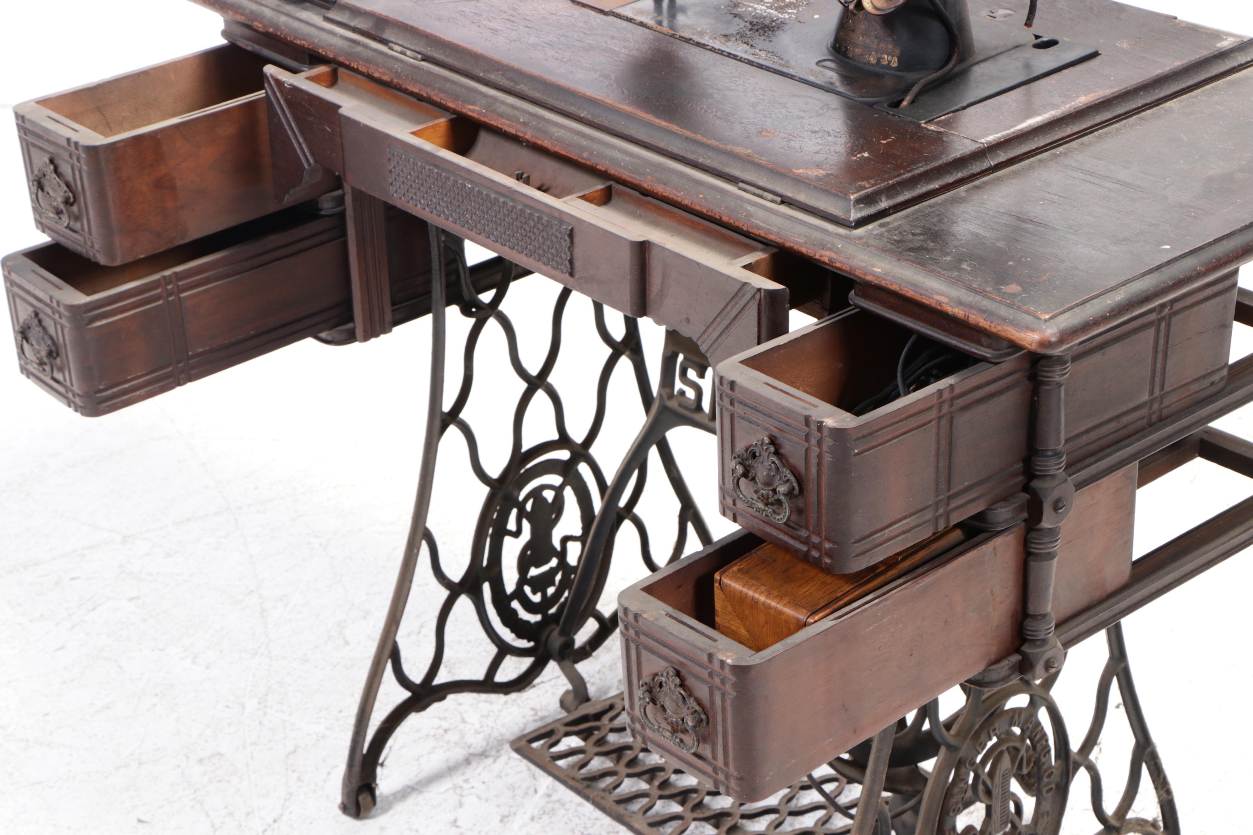 Singer Treadle-Base Iron and Oak Sewing Machine and Cabinet, Early 20th C