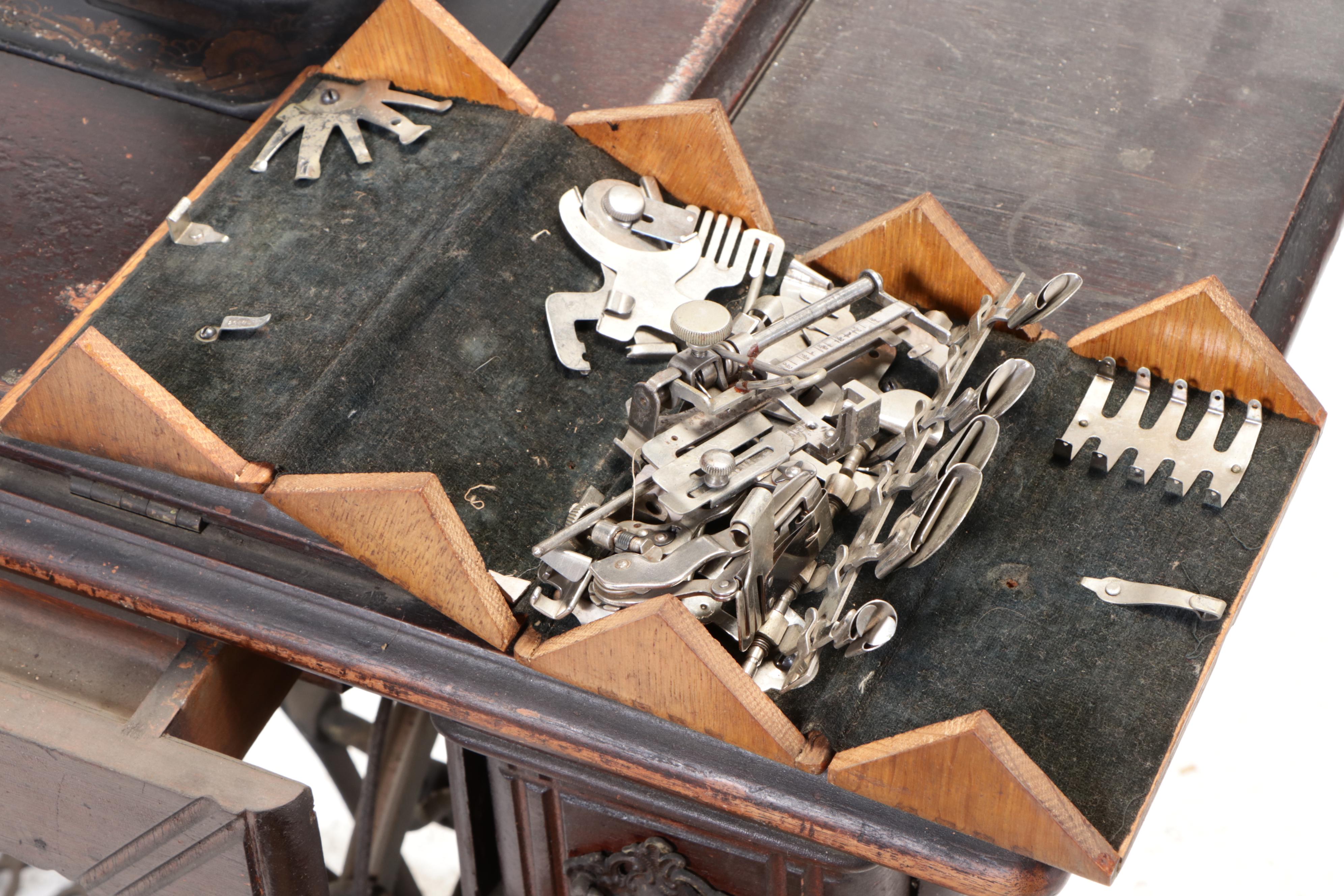Singer Treadle-Base Iron and Oak Sewing Machine and Cabinet, Early 20th C
