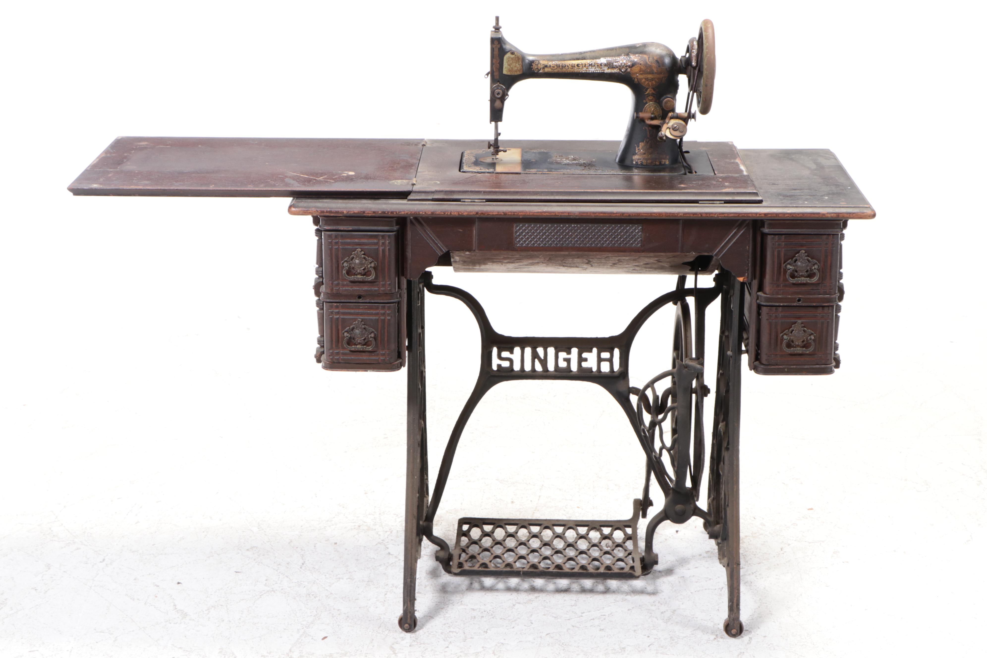 Singer Treadle-Base Iron and Oak Sewing Machine and Cabinet, Early 20th C