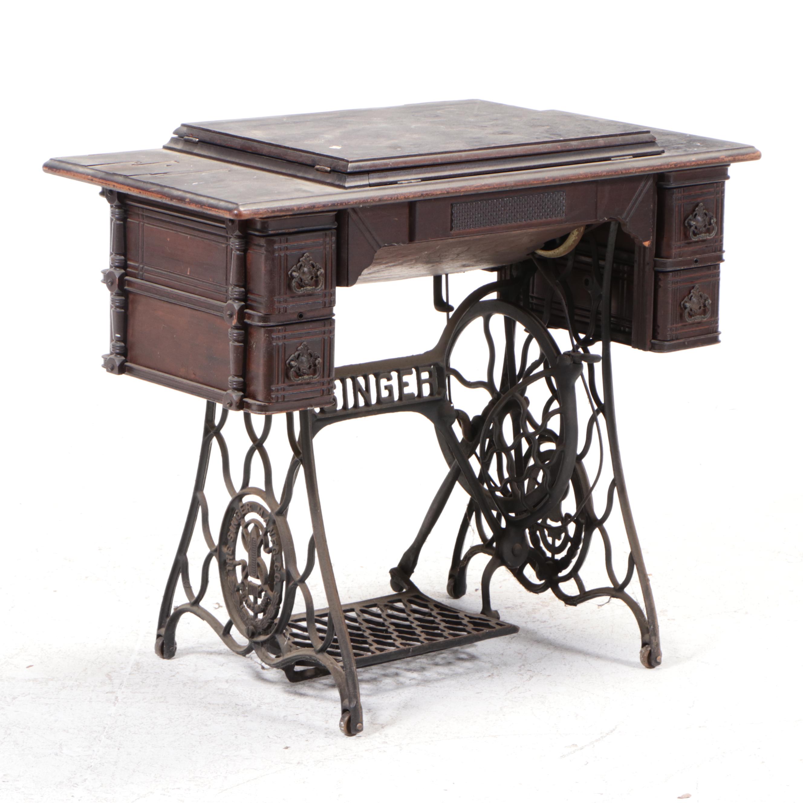 Singer Treadle-Base Iron and Oak Sewing Machine and Cabinet, Early 20th C