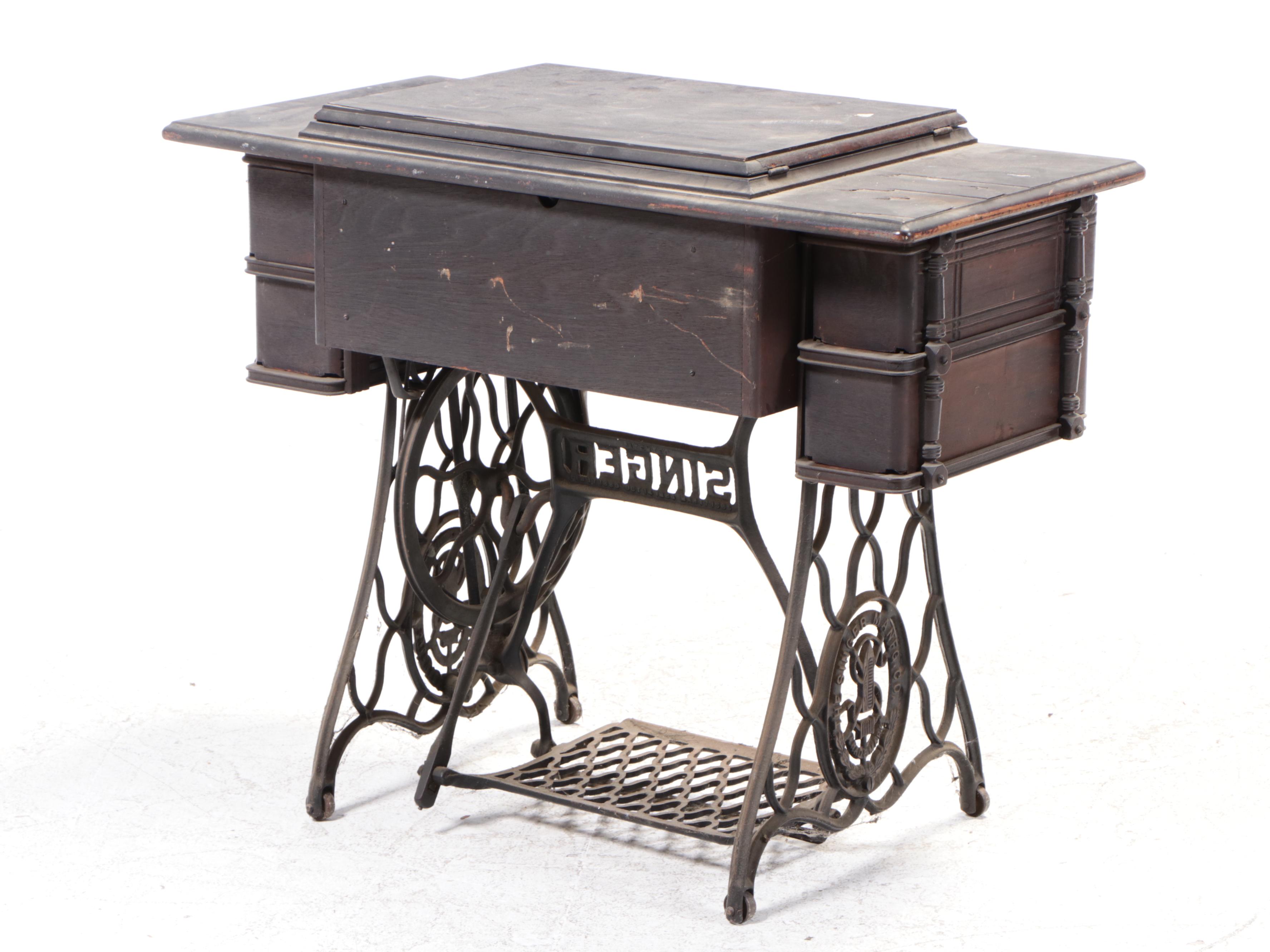 Singer Treadle-Base Iron and Oak Sewing Machine and Cabinet, Early 20th C