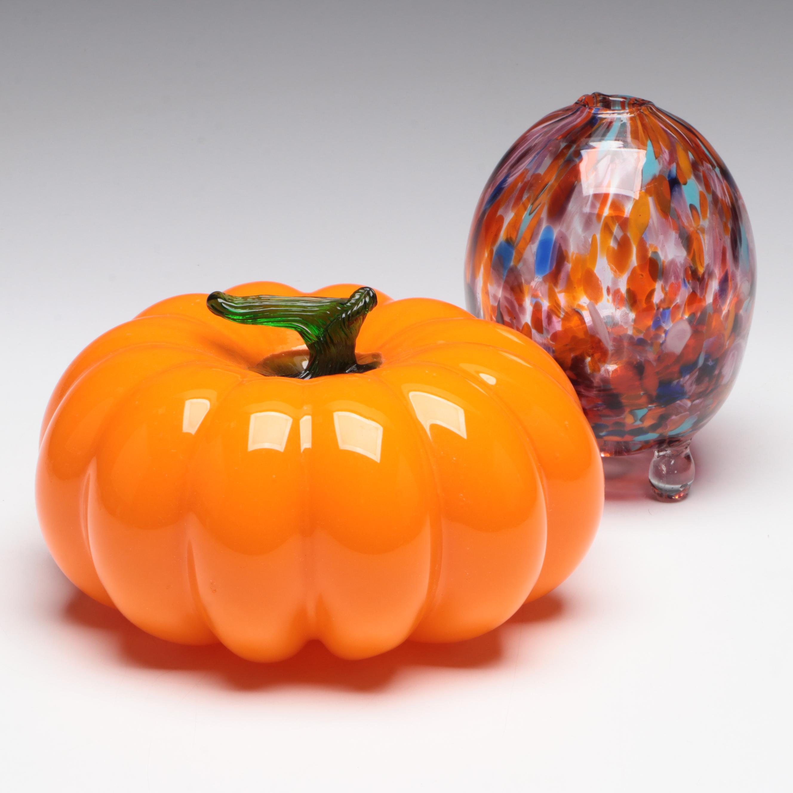 Blown Art Glass Pumpkin Figurine and Multicolor Glass Vase