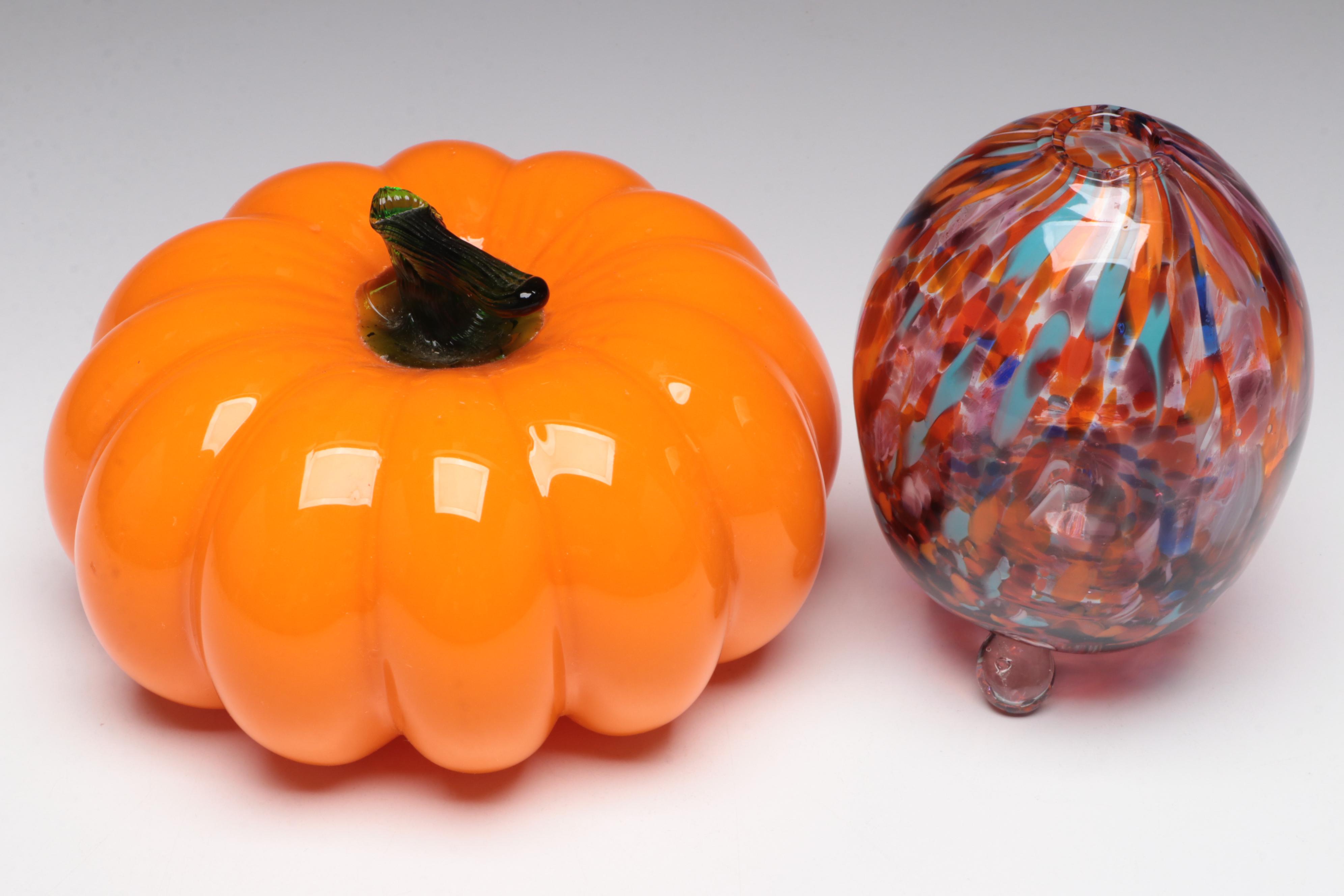 Blown Art Glass Pumpkin Figurine and Multicolor Glass Vase