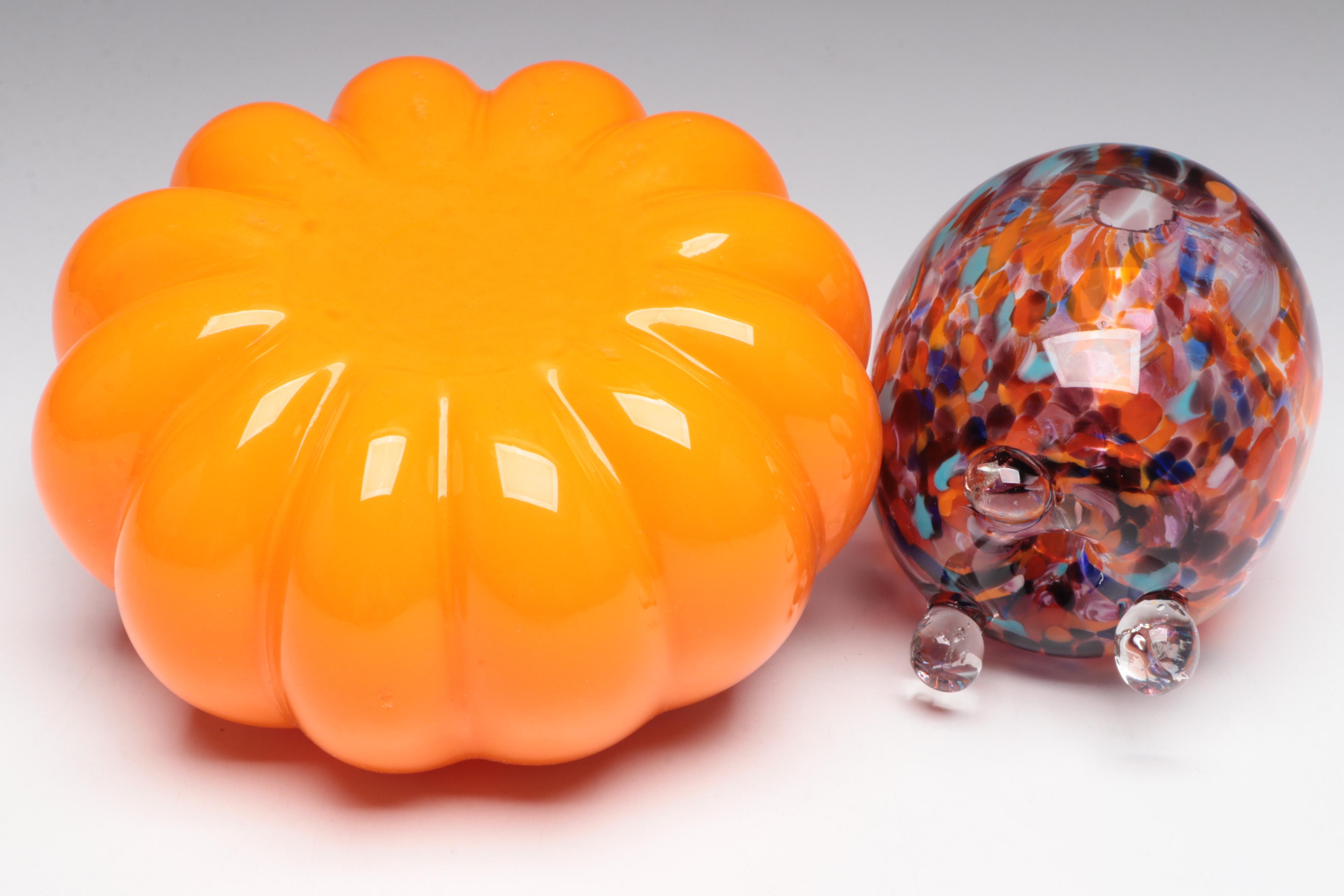 Blown Art Glass Pumpkin Figurine and Multicolor Glass Vase