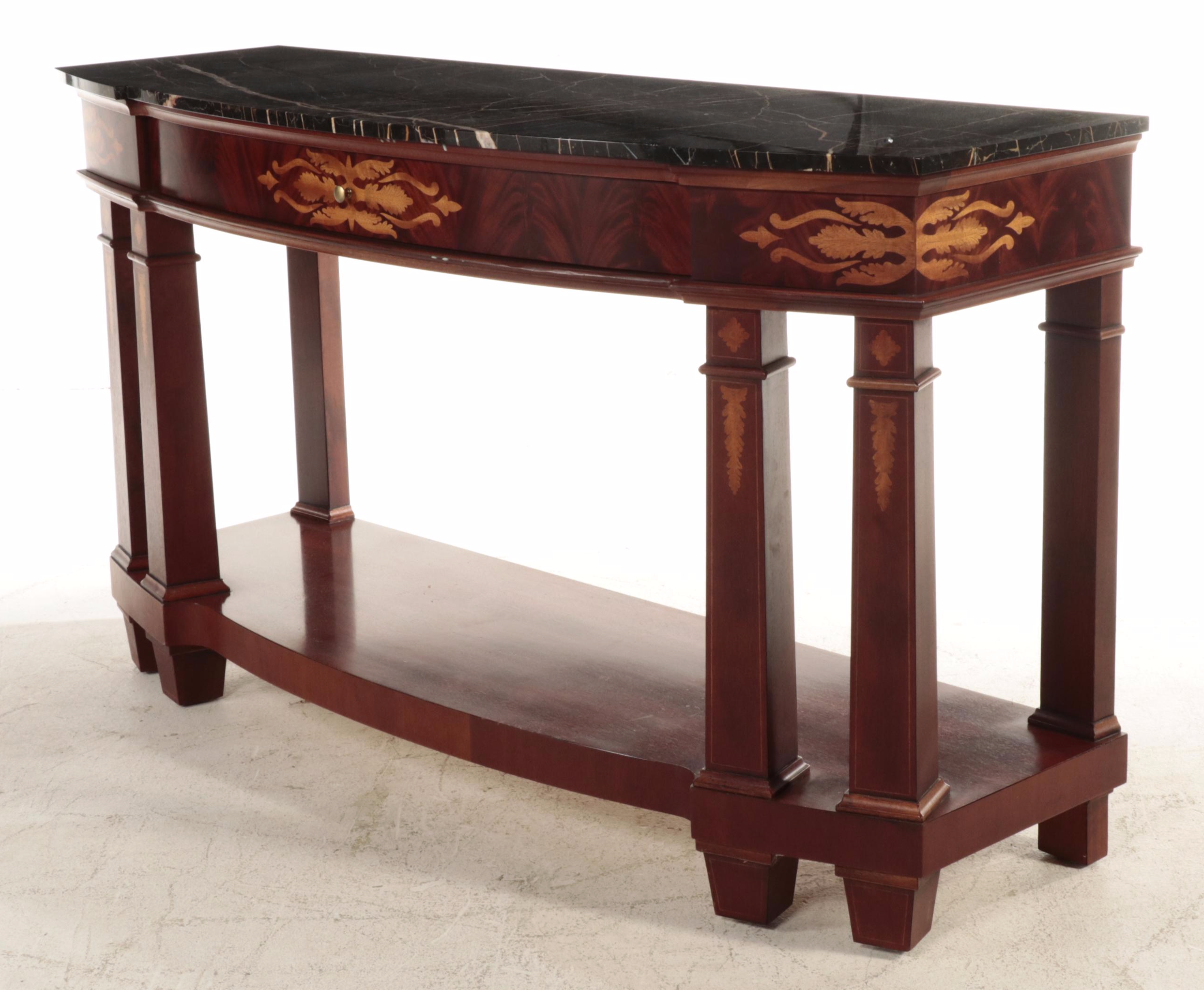Henredon Empire Style Mahogany, Marquetry and Marble Top Console Table