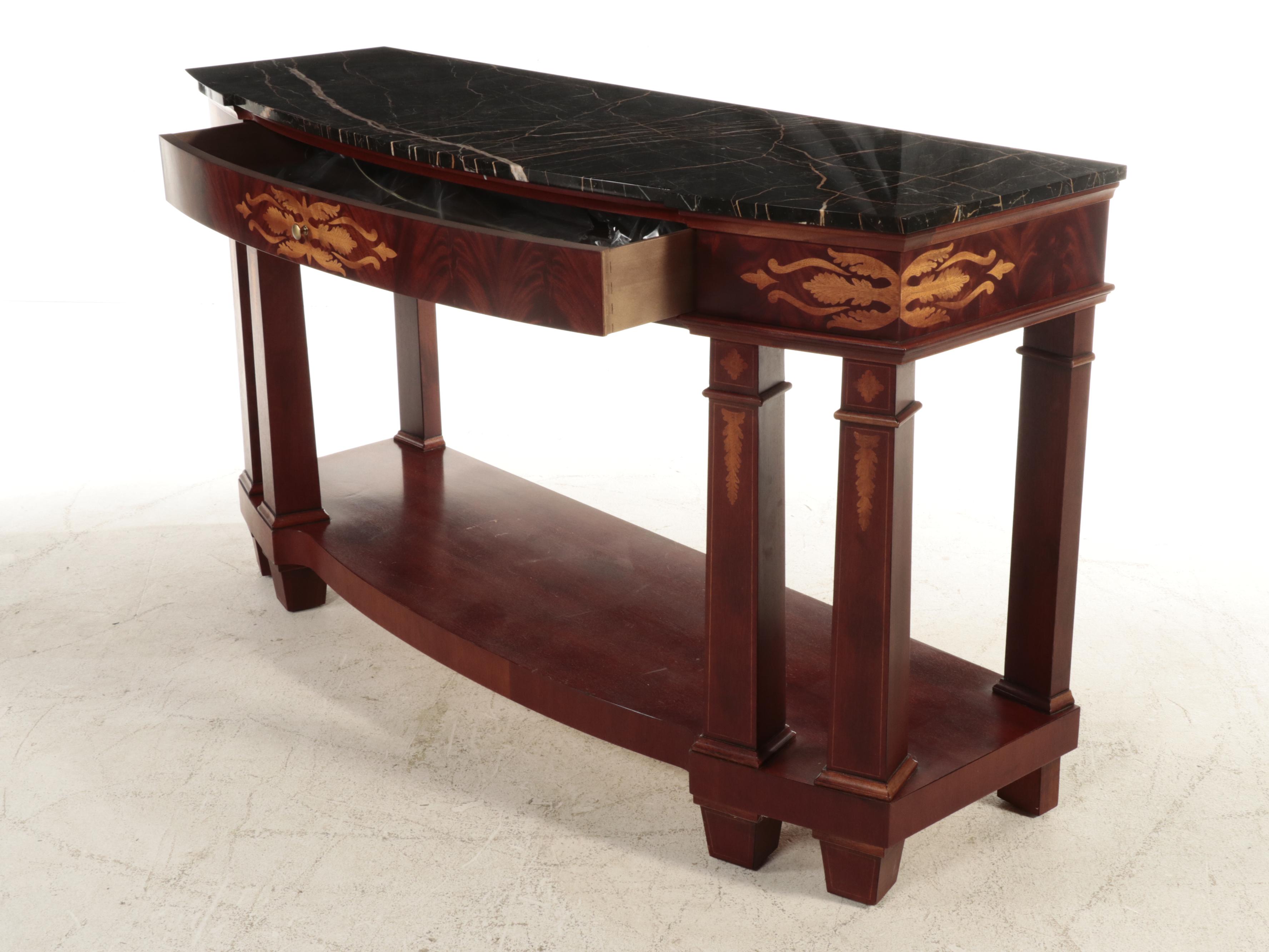 Henredon Empire Style Mahogany, Marquetry and Marble Top Console Table