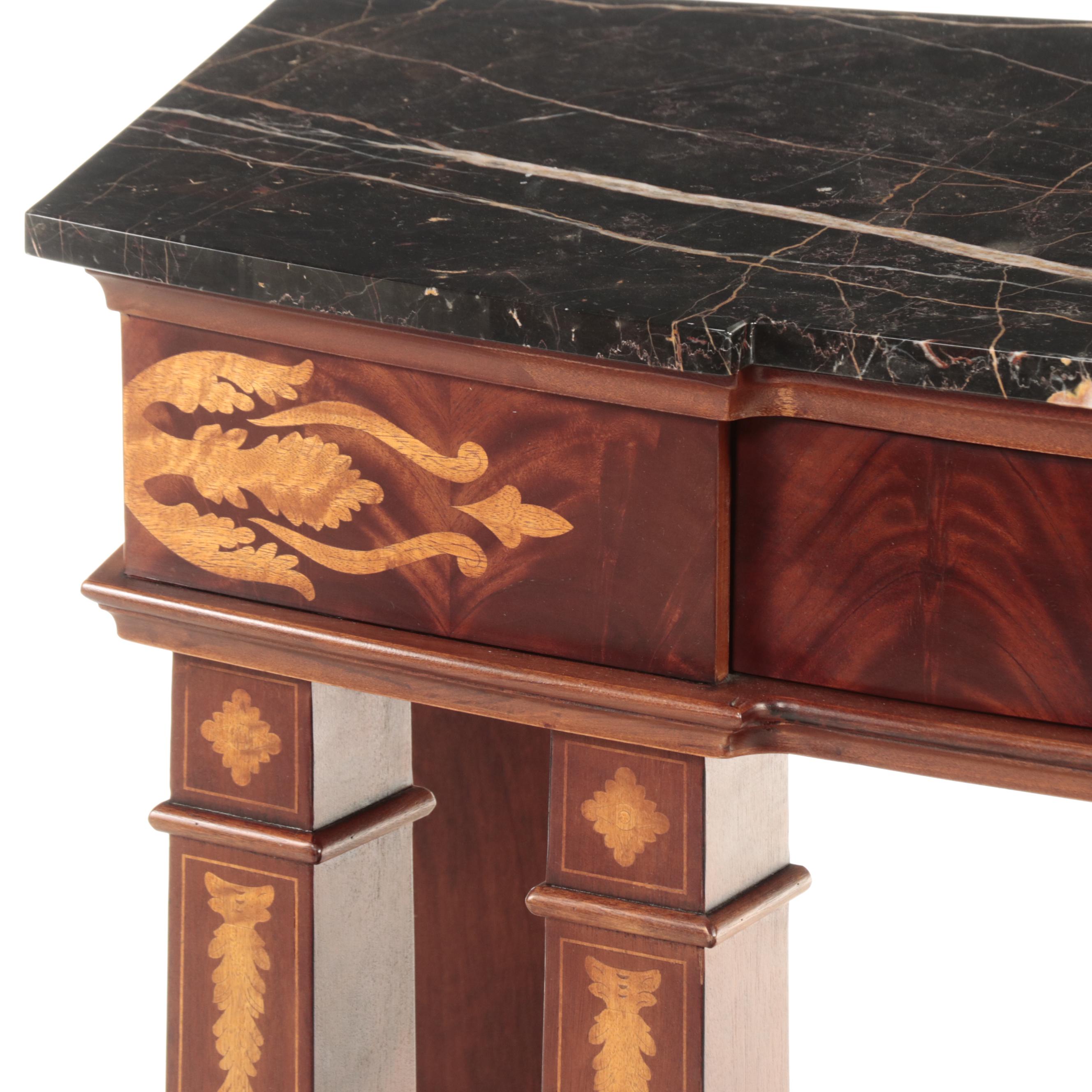 Henredon Empire Style Mahogany, Marquetry and Marble Top Console Table
